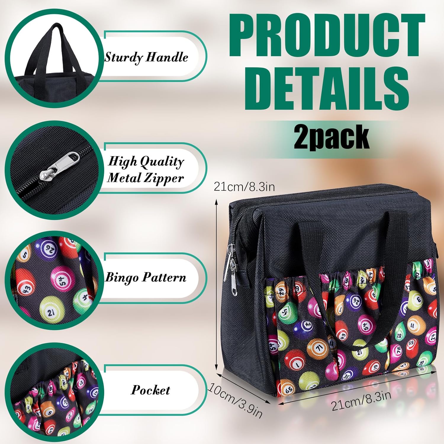 Paterr 2 bolsas de bingo Dauber negras con 6 bolsillos, bolsa de bingo de gran capacidad con cremallera y asa, bolsa de bingo de viaje, bolsa de