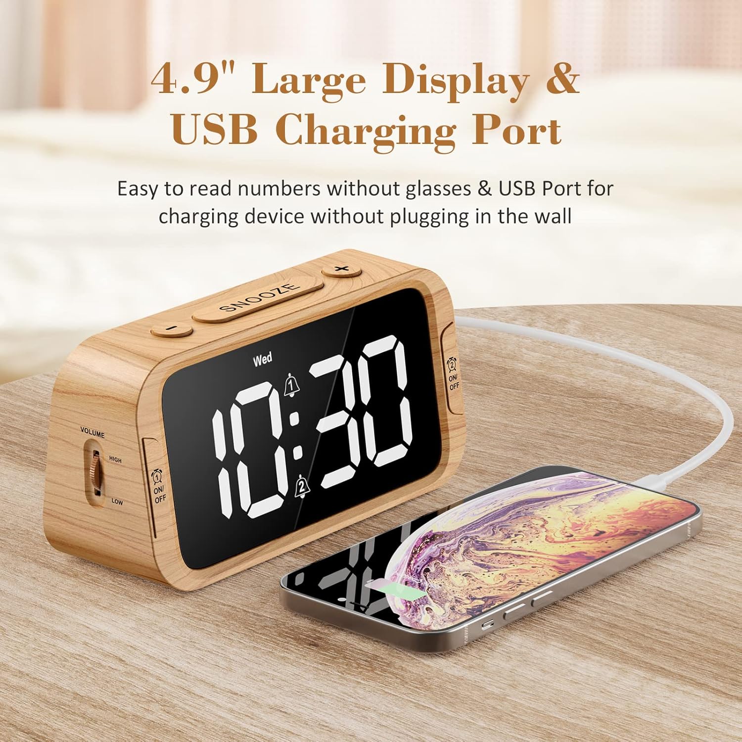 Reloj despertador digital dual para dormitorio, 0-100% atenuador, modo día de semanafin de semana, fácil de configurar, cargador USB, volumen de