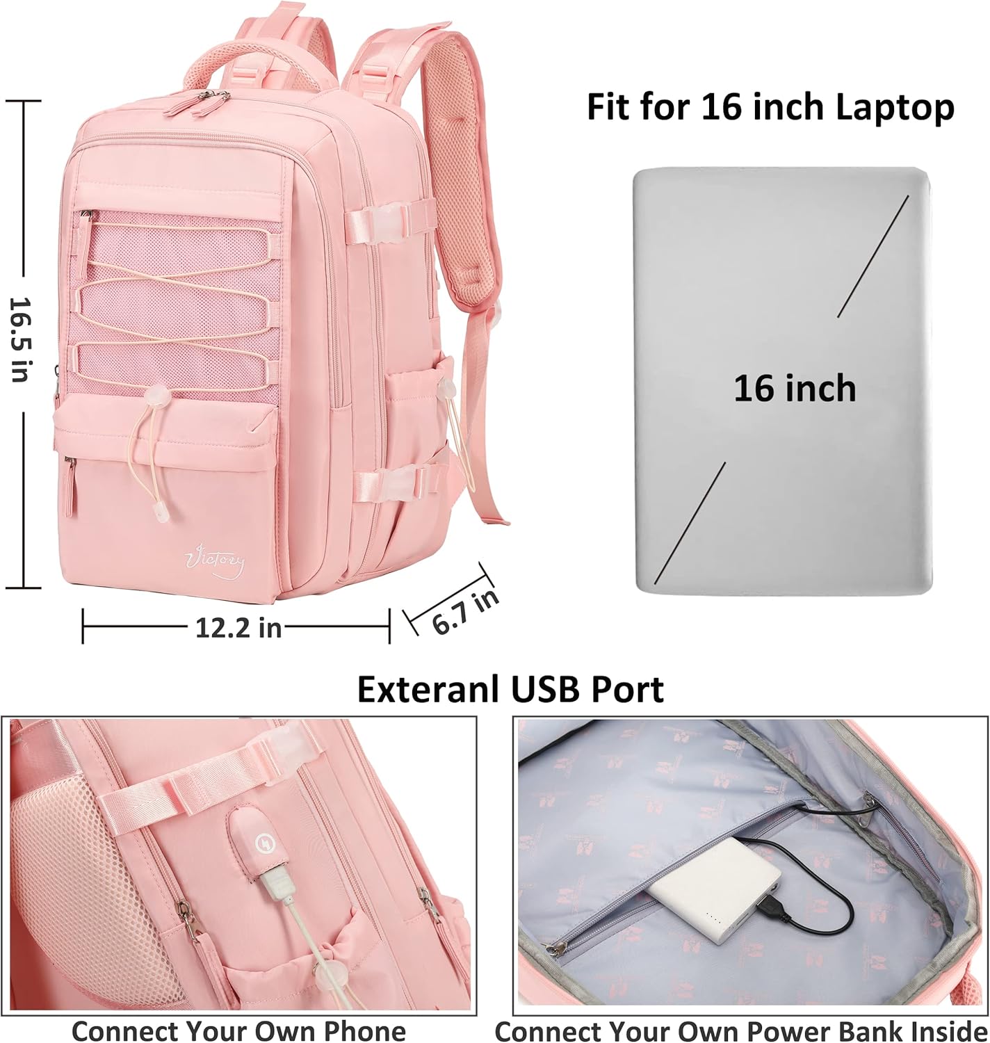 AO ALI VICTORY Mochila de viaje para mujeres y hombres, mochilas para laptop con puerto USB, mochila grande para escuela, universidad, Rosado,