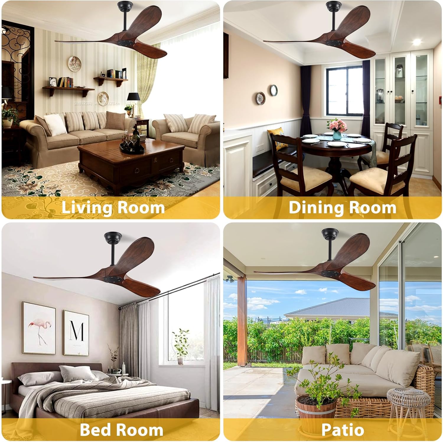 YKXONFA Ventiladores de techo de madera maciza sin luz, ventilador de techo moderno de nogal de 52 pulgadas para interiores y exteriores, con 6