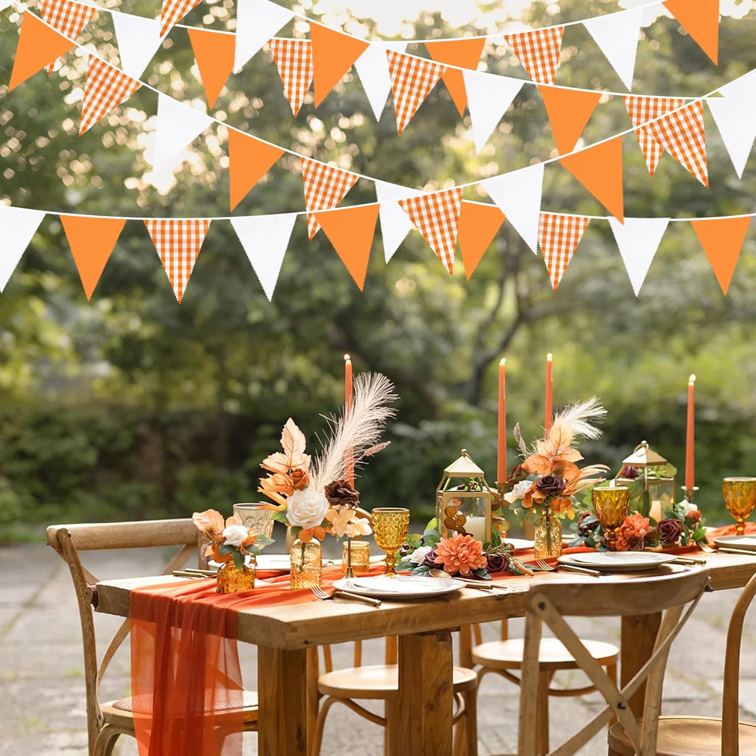Decoraciones de fiesta naranja de 32 pies con diseño de búfalo naranja a cuadros de triángulo blanco, banderines de tela para otoño, boda,