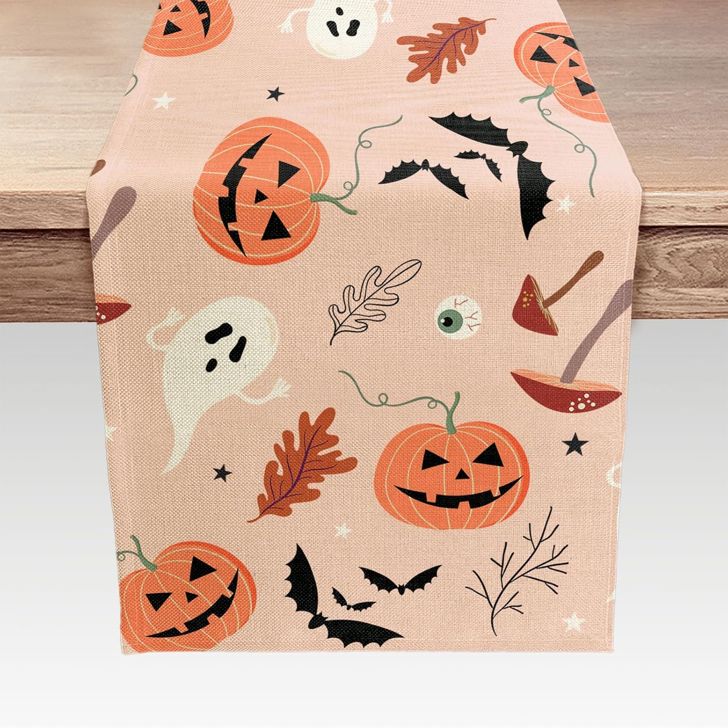 Camino de mesa temático de Halloween, lindo fantasma rosa, calabaza, divertido patrón de hongos, cocina, comedor, mesa de café, decoración para