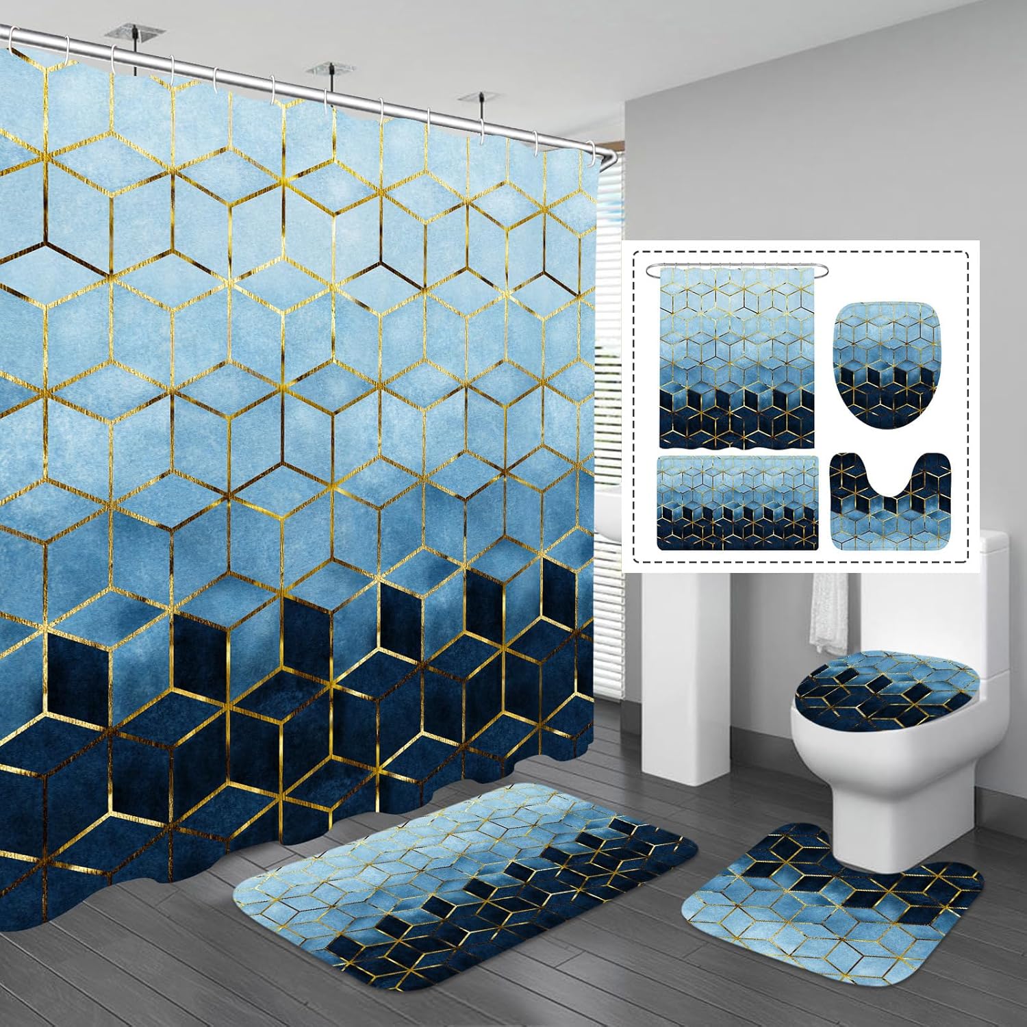 Gibelle Juego de 4 cortinas de ducha de baño con alfombras antideslizantes, cubierta para tapa de inodoro y tapete de baño, líneas cúbicas doradas