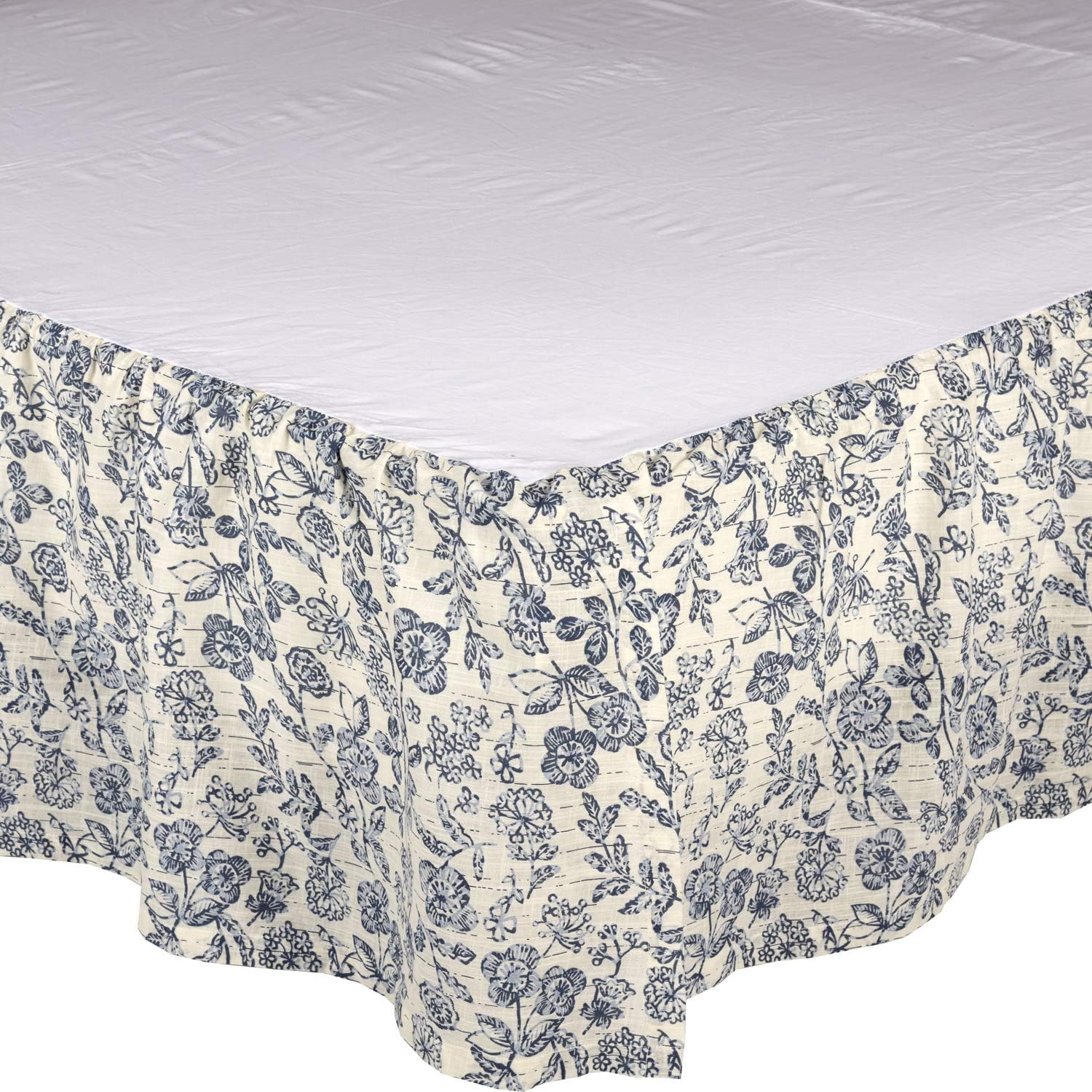 Piper Classics Doylestown – Falda de cama floral tamaño Queen con caída de 16 pulgadas, volantes de polvo reunidos azul y crema, casa de campo,