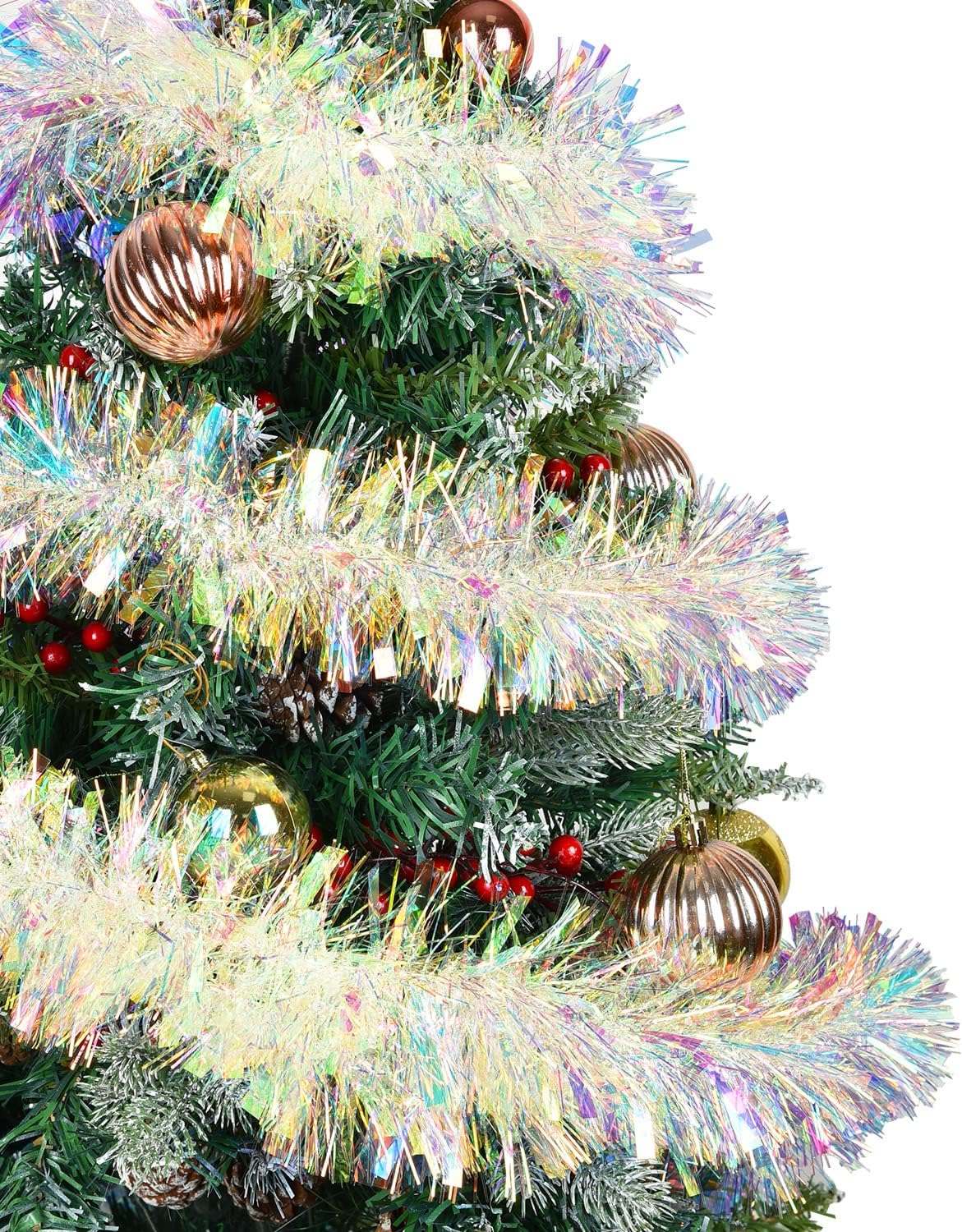 DearHouse Guirnalda de Navidad de oropel blanco de 40 pies, serpentinas metálicas, decoración de árbol de Navidad, suministros de fiesta de Navidad,