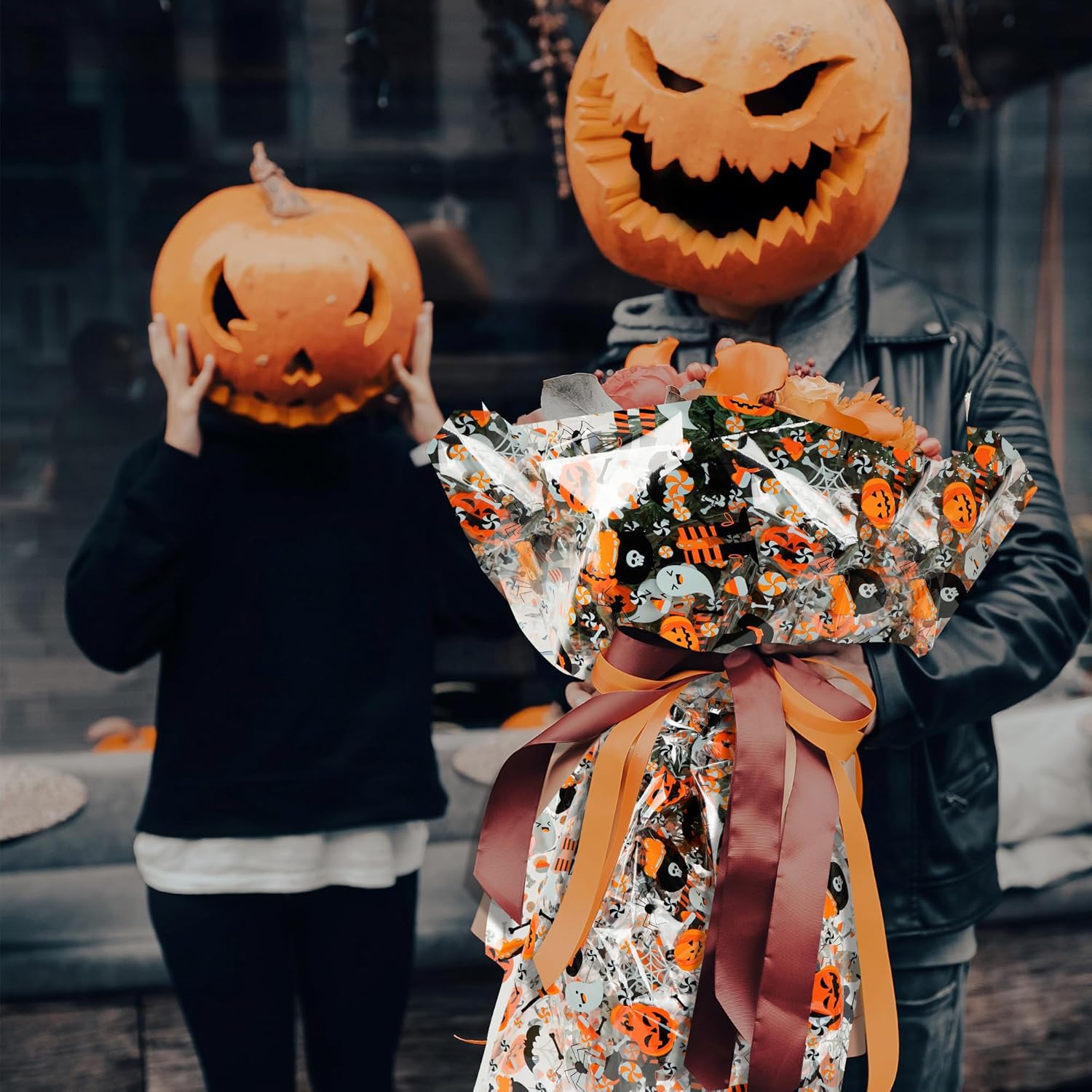 Rollo de celofán de Halloween de 100 pies x 32 pulgadas, 2.3 mil de grosor, bolsas de celofán transparentes con calabaza, fantasma, araña, celofán,