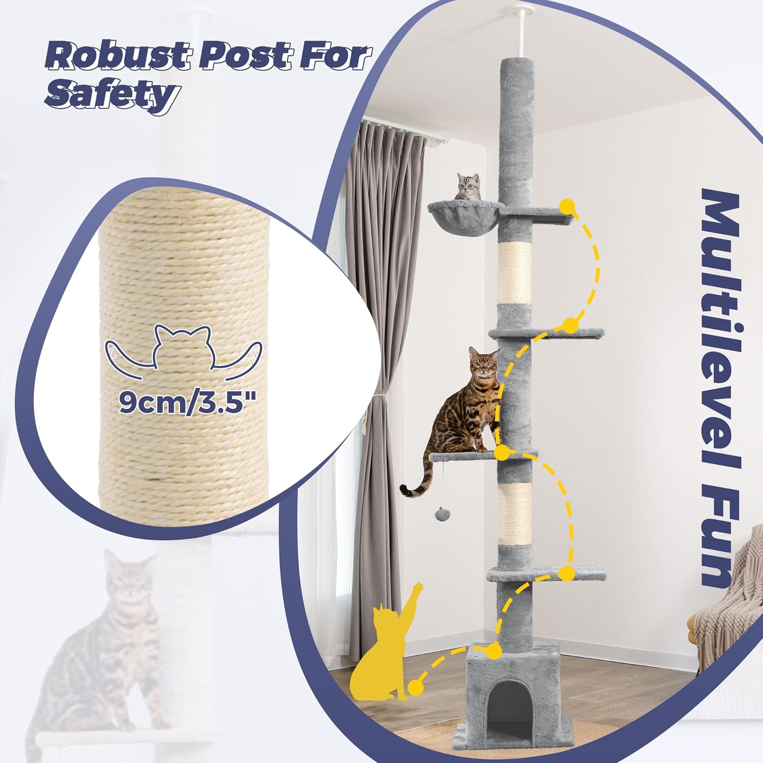 Meow Sir Árbol para gatos de piso a techo, altura ajustable 82-108 pulgadas  81.9-108.3 in Torre para gatos de 6 niveles para techo de 7 a 9 pies