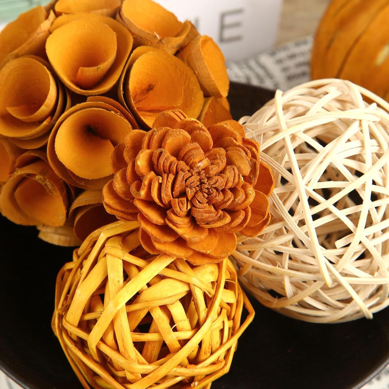 Bolas decorativas de otoño para decoración del hogar, juego de 6 bolas de mimbre de ratán de tono natural para decoración del hogar, centros de