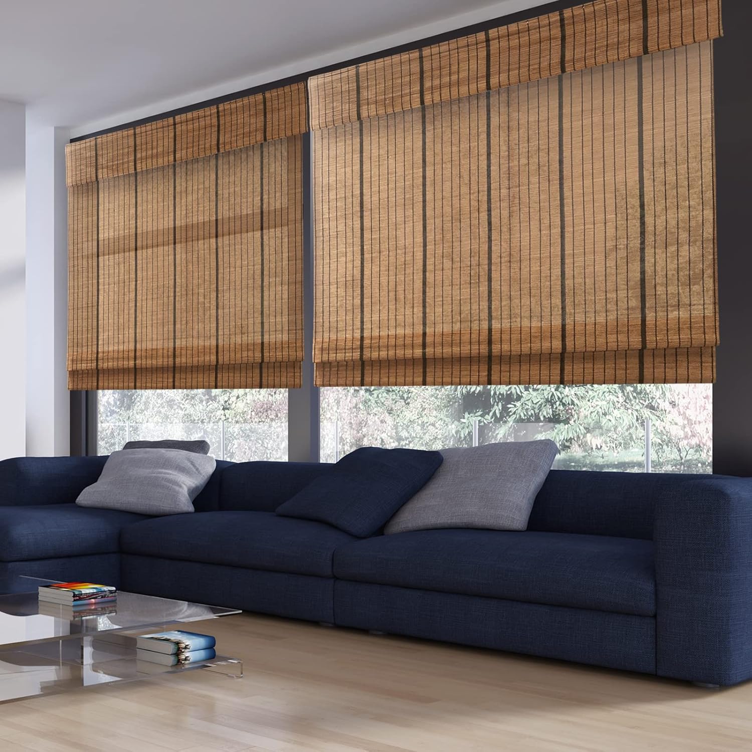Persianas romanas de bambú sin cordón, persianas opacas con forro, persianas naturales 100% bambú para ventanas, color 1