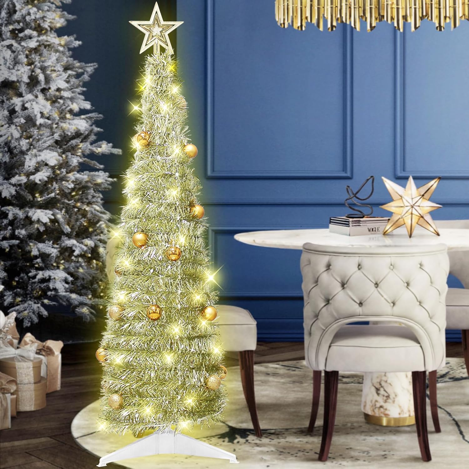 Árbol de Navidad desplegable de 4 pies para decoración de interiores, mini árbol de Navidad preiluminado con 60 luces, árbol de Navidad artificial
