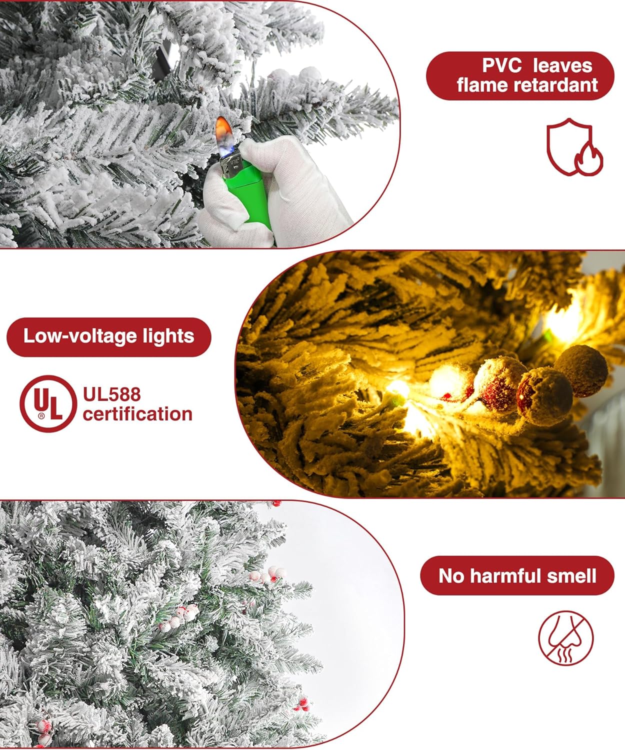 Árbol de Navidad preiluminado de 6.5 pies, árboles de Navidad artificiales con 400 luces blancas cálidas, 1100 puntas de rama, 58 bayas, decoración