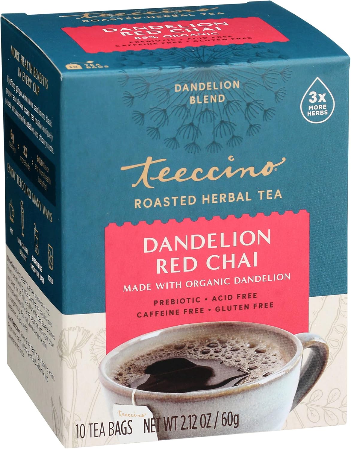 Teeccino Té Chai rojo de diente de león, sin cafeína, té de hierbas tostadas con prebióticos, 3 veces más hierbas que las bolsas de té normales, sin