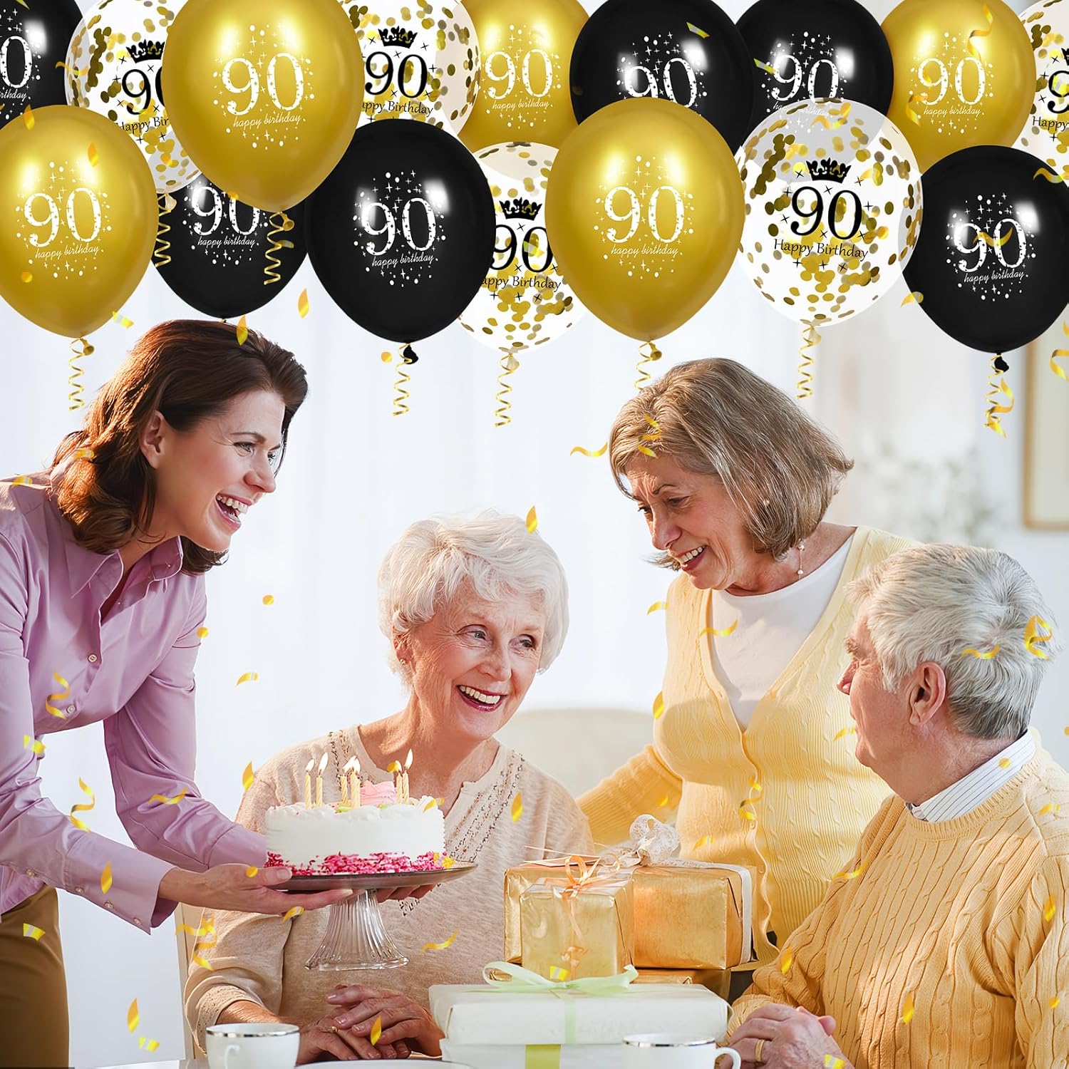 Globos de cumpleaños de 90 años para hombres, 15 globos de feliz cumpleaños de 90 años, globos negros y dorados para decoración de fiesta de