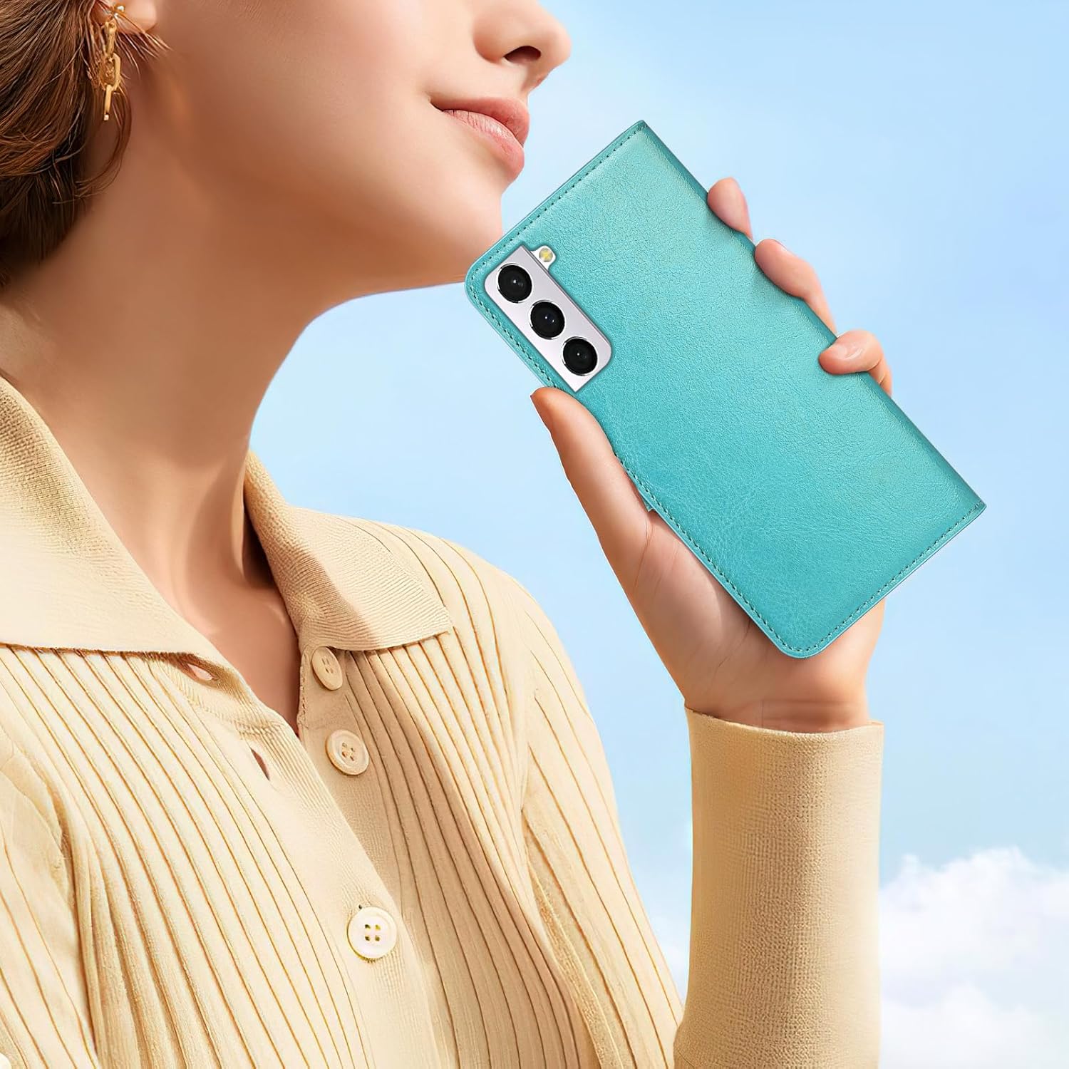 Funda tipo cartera desmontable 2 en 1 para Samsung Galaxy S21 con tarjetero de crédito, bloqueo RFID, funda protectora de piel sintética con tapa