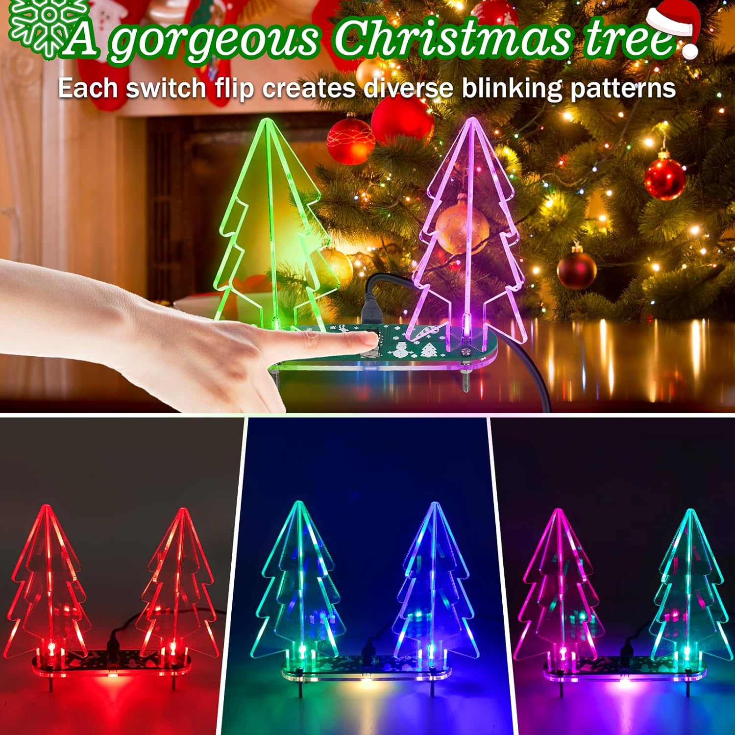 Icstation Kit de práctica de soldadura, kit de soldadura de árbol de Navidad 3D con 2 árboles de Navidad, luces LED intermitentes, proyecto de