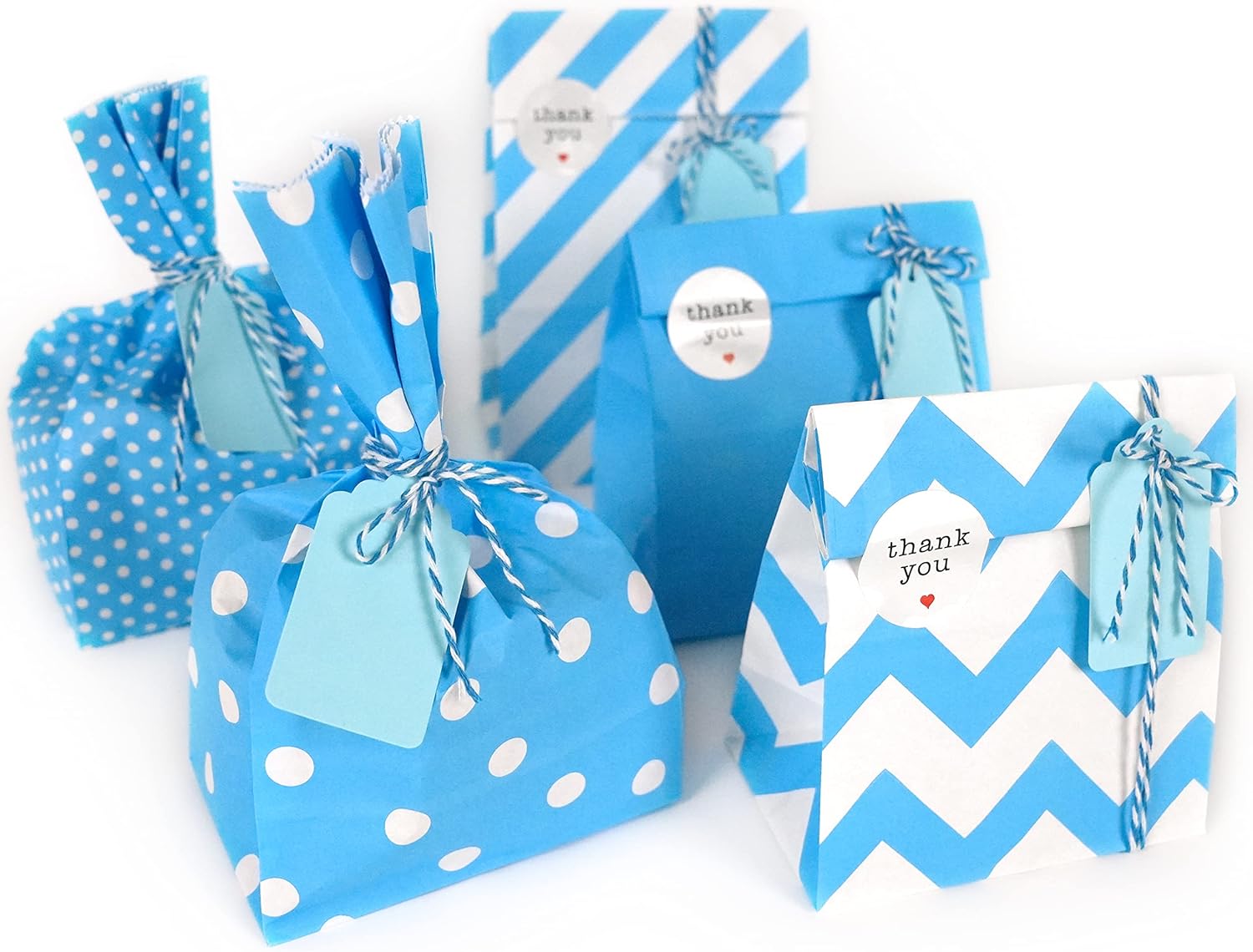 SMINTINE Paquete de 30 bolsas de regalo azules con calcomanías de agradecimiento, etiquetas de papel, cuerda de algodón azul para panaderos, 5 x 3 x