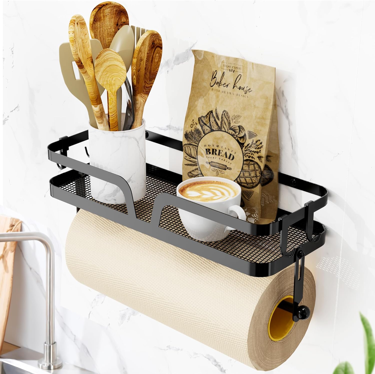 Taozun Soporte para toallas de papel con estante, soporte para papel de cocina, estante para especias, soporte para rollos de papel negro, soporte