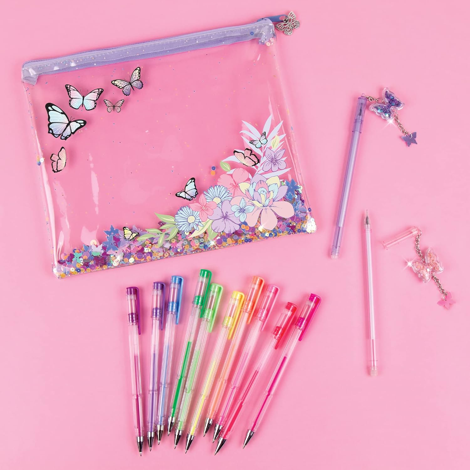 3C4G Three Cheers for Girls – Juego de 10 bolígrafos de gel de colores para niños, 2 bolígrafos de escritura de mariposa para niños y estuche de