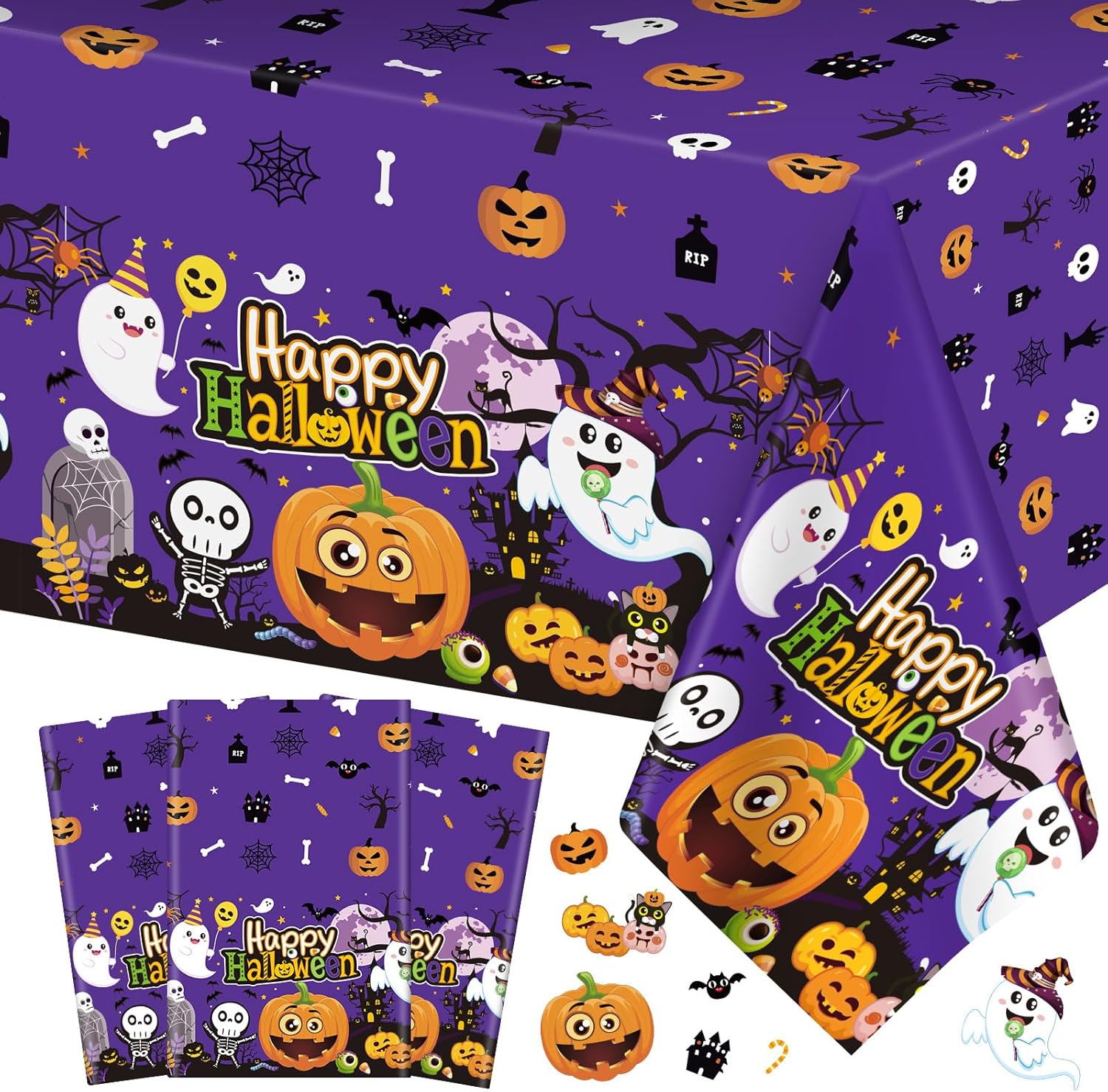 3 manteles de Halloween  Mantel de plástico con diseño de calabaza y fantasma, desechable, rectangular, color morado, para decoración de mesa de