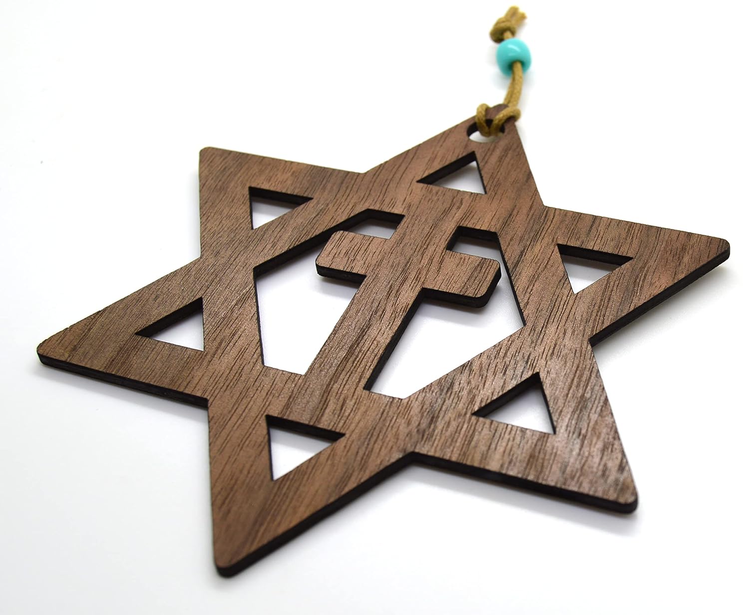 Star of David with the cross walnut or Basswood wooden cutout ornament wall art 5″ Messianic Jewish gift (Brown)