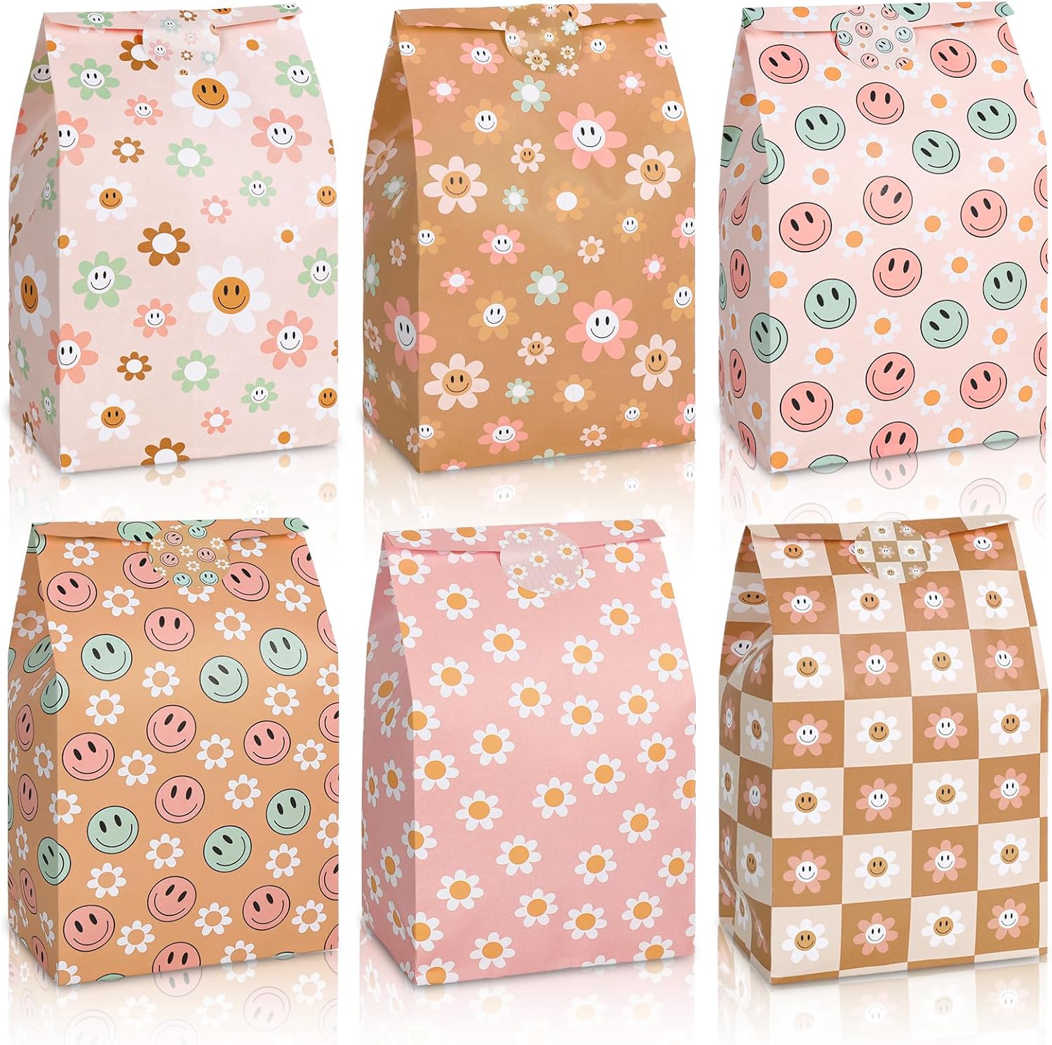AnyDesign 24 bolsas de regalo de fiesta estilo bohemio vintage, 6 diseños de margaritas sonrientes, bolsas de regalo de papel con calcomanías,