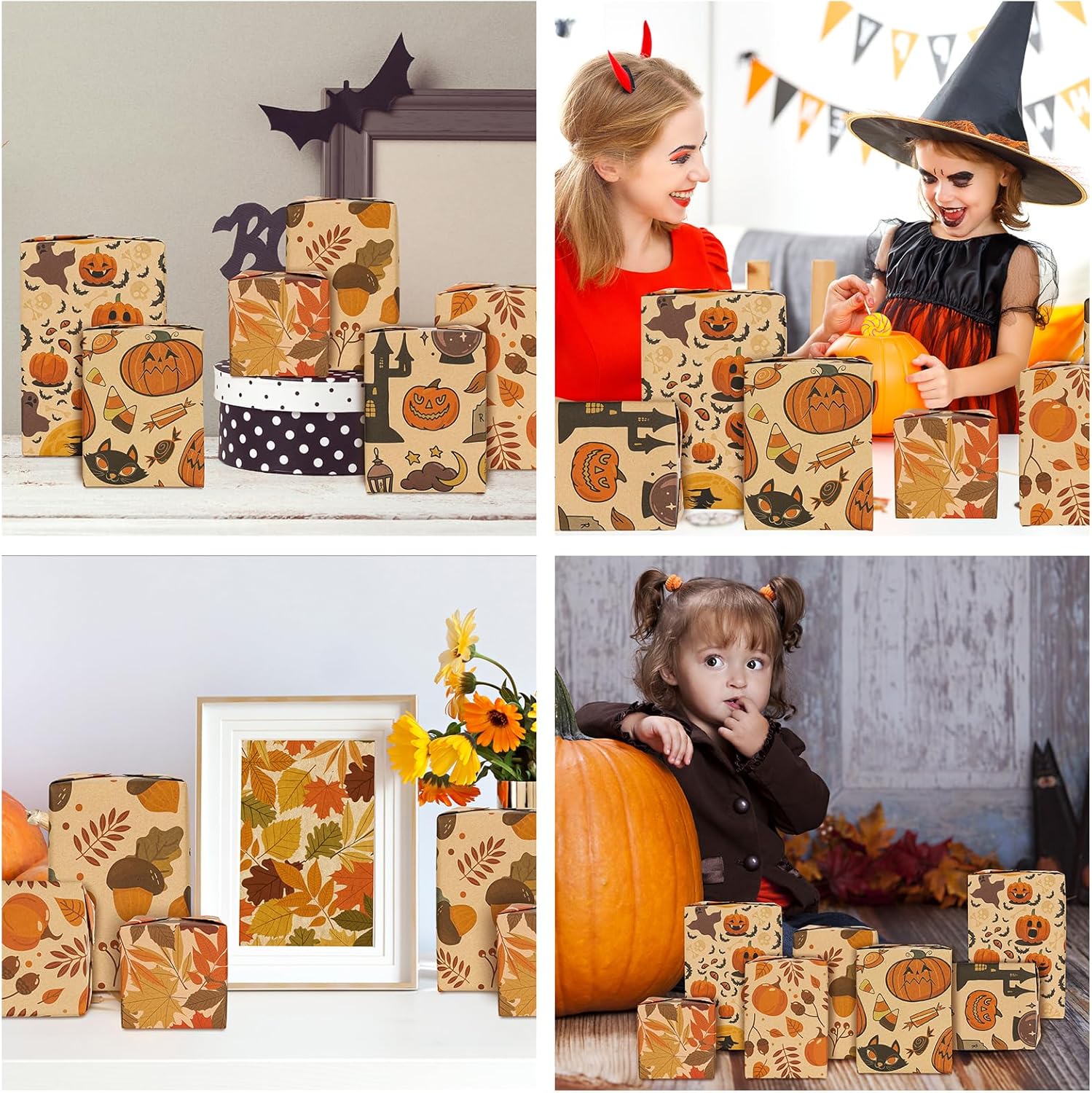 Whaline 12 hojas de papel de estraza para Halloween, otoño, calabaza, fantasma, bruja, hoja de arce, 6 diseños, cosecha de otoño, papel de regalo