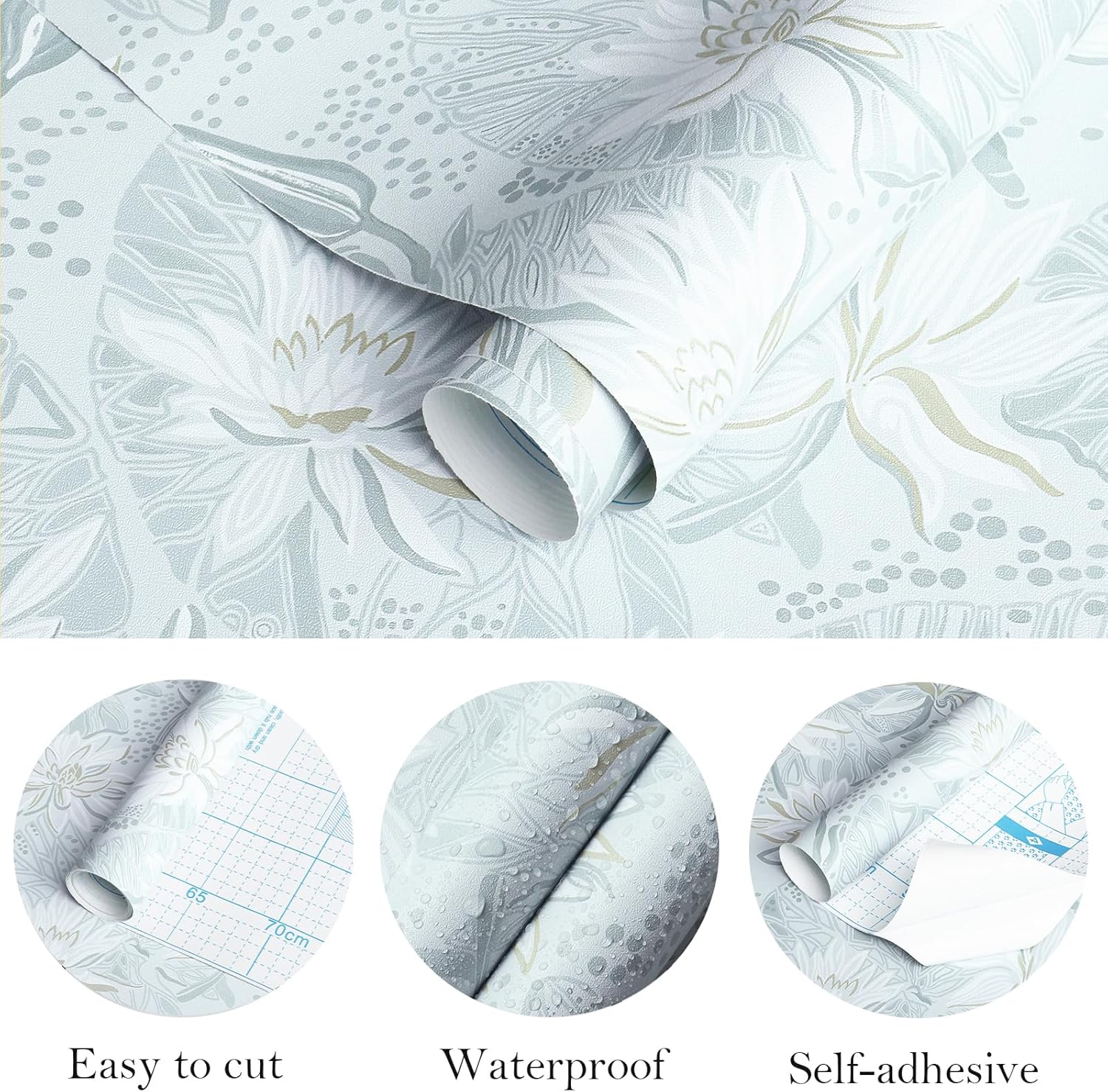 Fiula Papel pintado de loto azul, papel tapiz de flores autoadhesivo, 15.5 x 197 pulgadas, papel tapiz autoadhesivo decorativo para estantes y