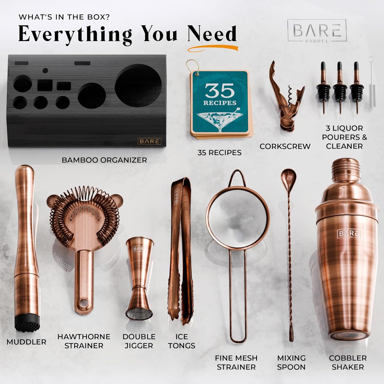 BARE BARREL Mixology Bartender Kit Bar Set  Juego de coctelera de 14 piezas  Herramientas de mezcla de Martini Barware para el hogar  Incluye 35