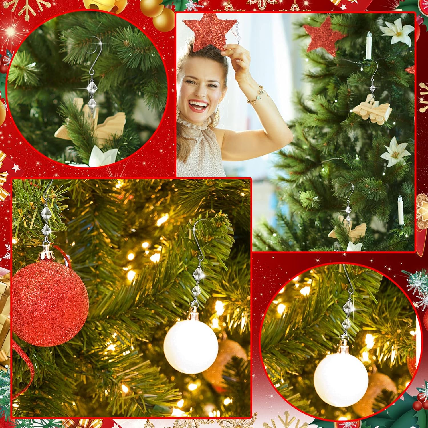 Bucherry 100 ganchos decorativos para adornos de árbol, ganchos decorativos de alambre acrílico transparente, gancho en S con garras de langosta