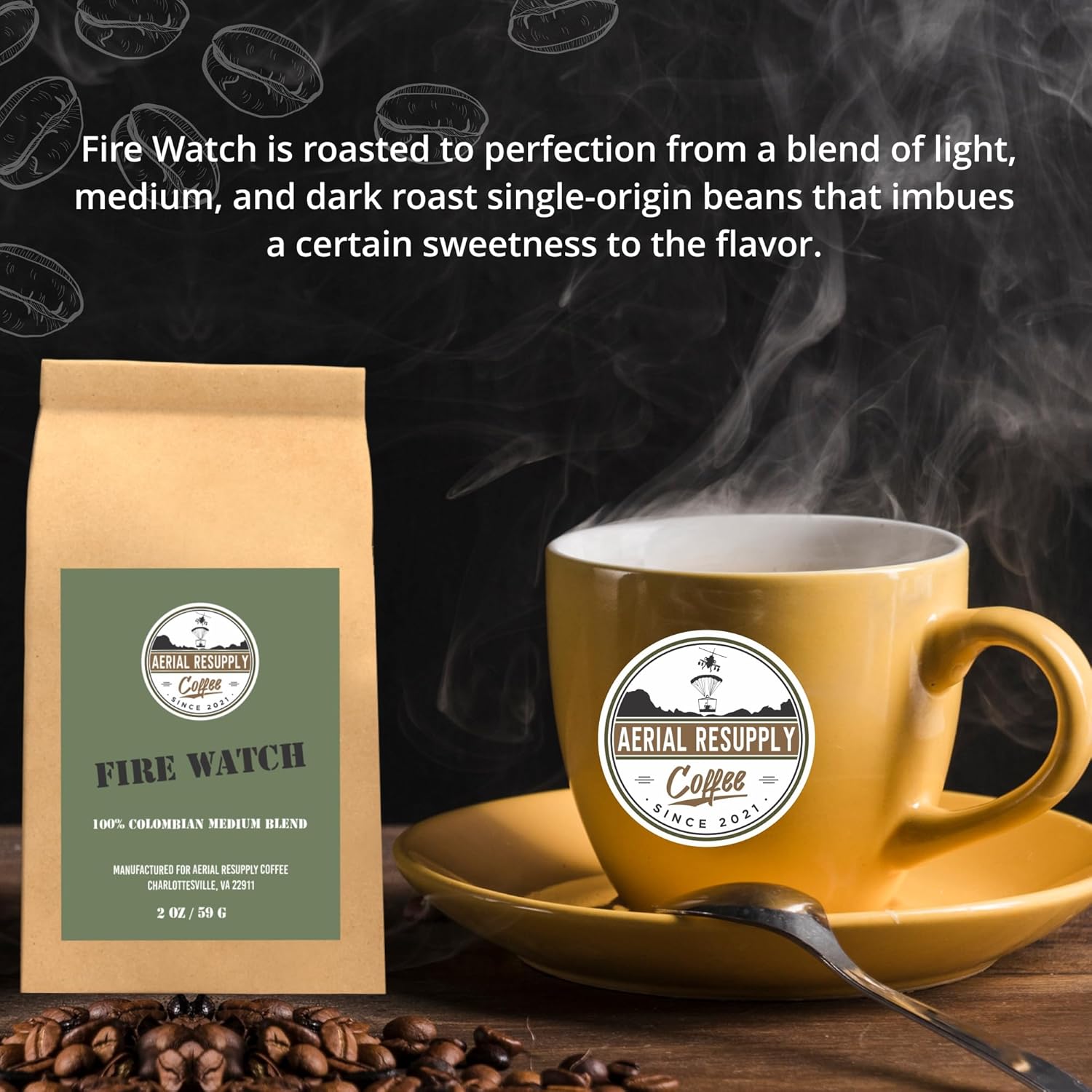 Aerial Resupply Coffee Fire Watch – Café molido tostado medio, granos de café tostado medio, Fire Watch Pure Colombian elaborado para un sabor