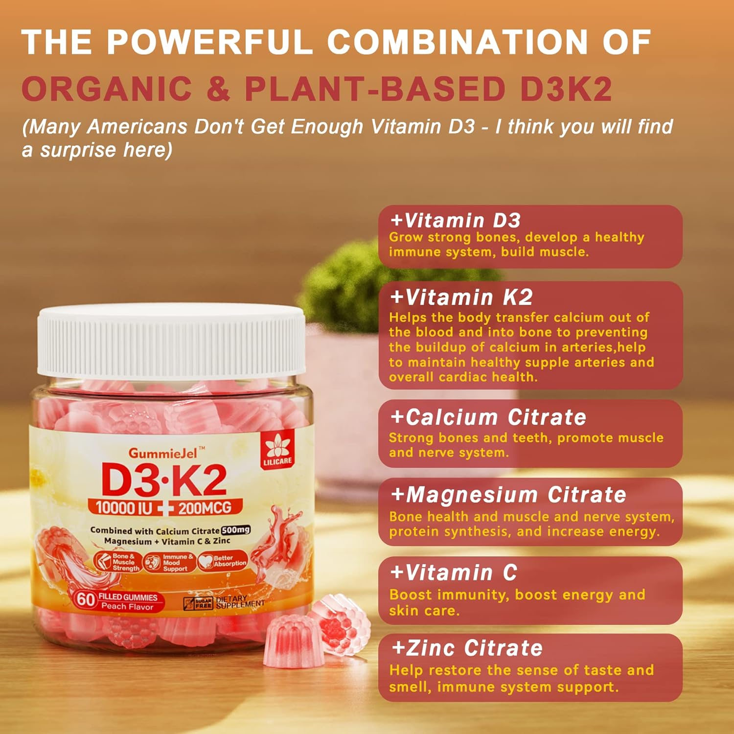 Paquete de 2 gomitas rellenas de vitamina D3 K2 sin azúcar, 5000IU  10,000 UI con 500 mg de calcio + K2 (MK-7) 200 mcg, citrato de magnesio,