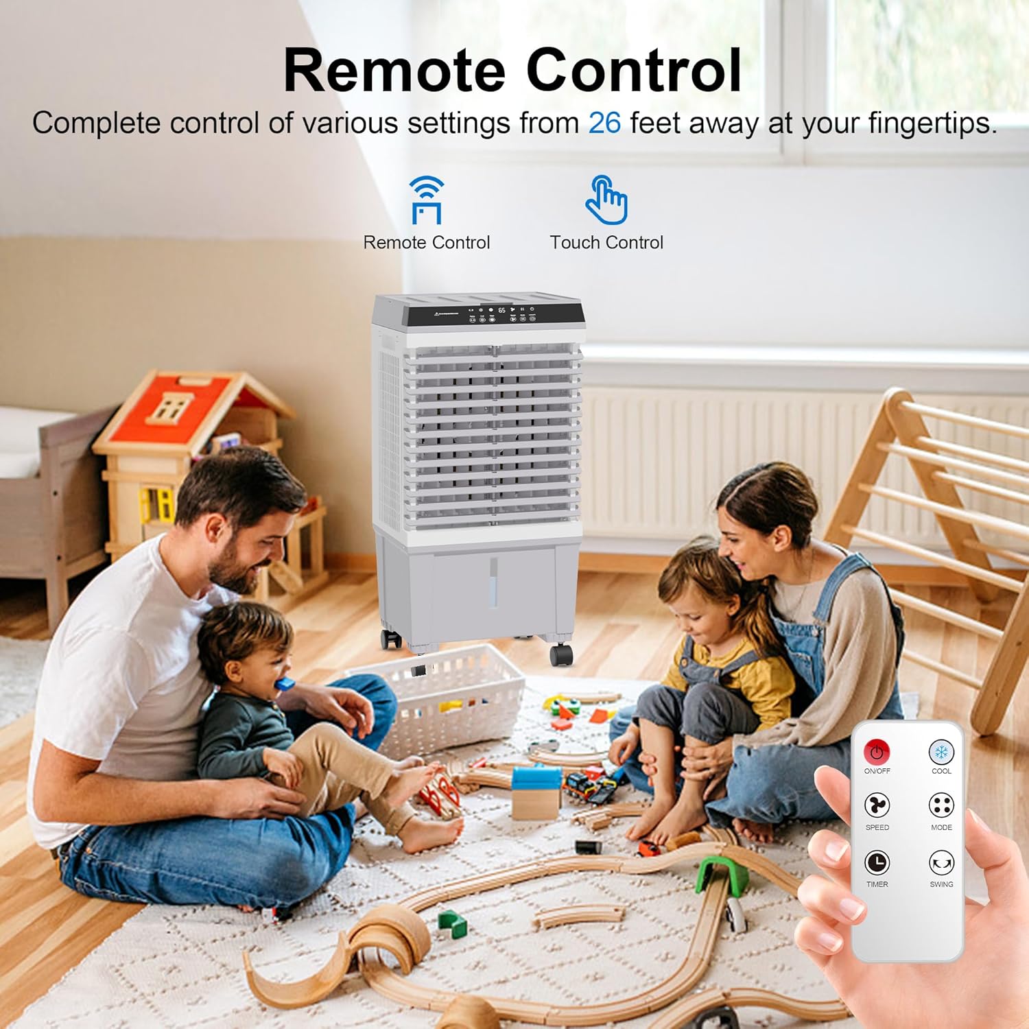 Sungdogin Enfriador de aire evaporativo, enfriador portátil de pantano con control remoto, ventilador de agua con tanque de agua de 5.3 galones,