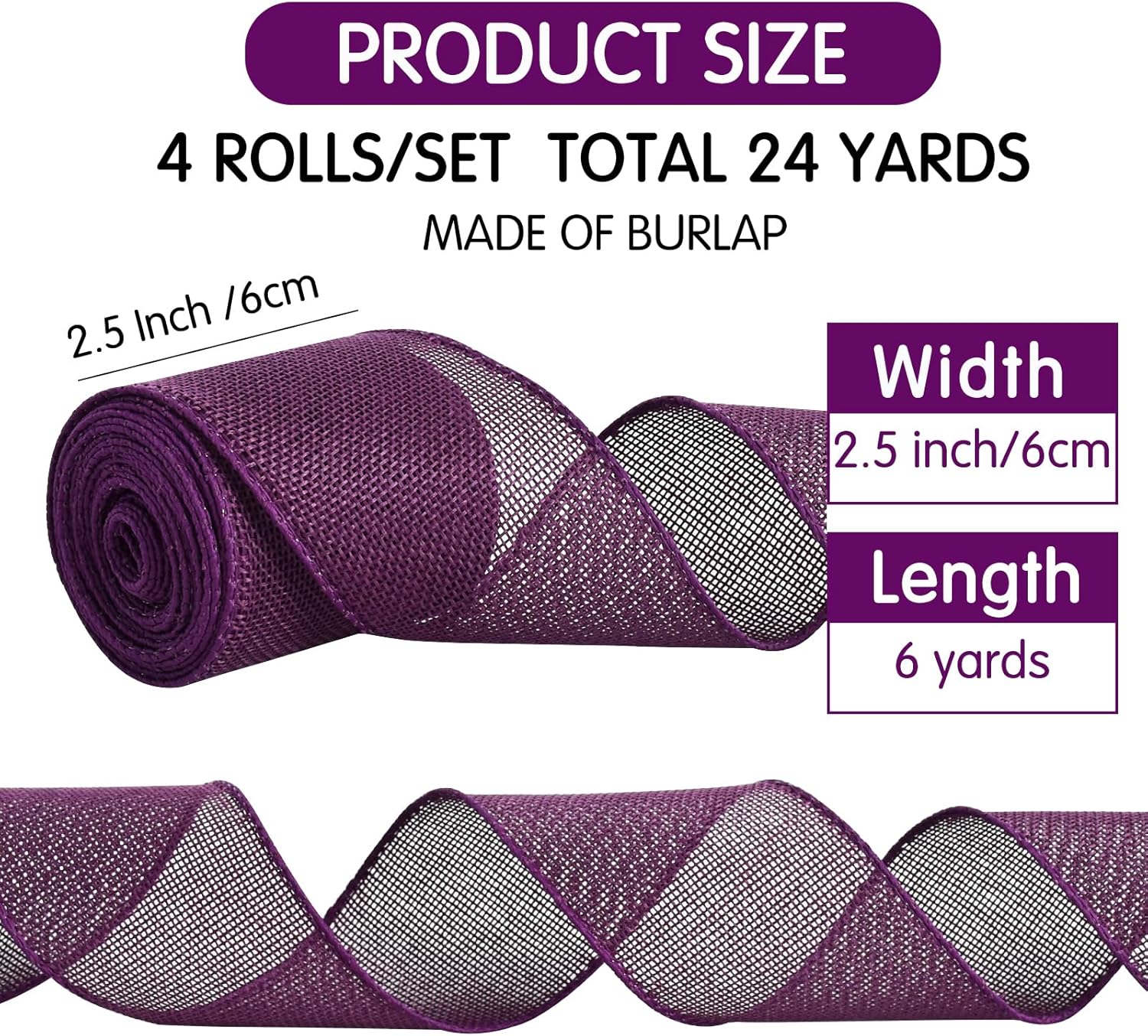 TONIFUL 4 rollos de cintas de arpillera con alambre, negro, naranja, morado, blanco, cinta de arpillera sintética de 2.5 pulgadas, para Halloween,