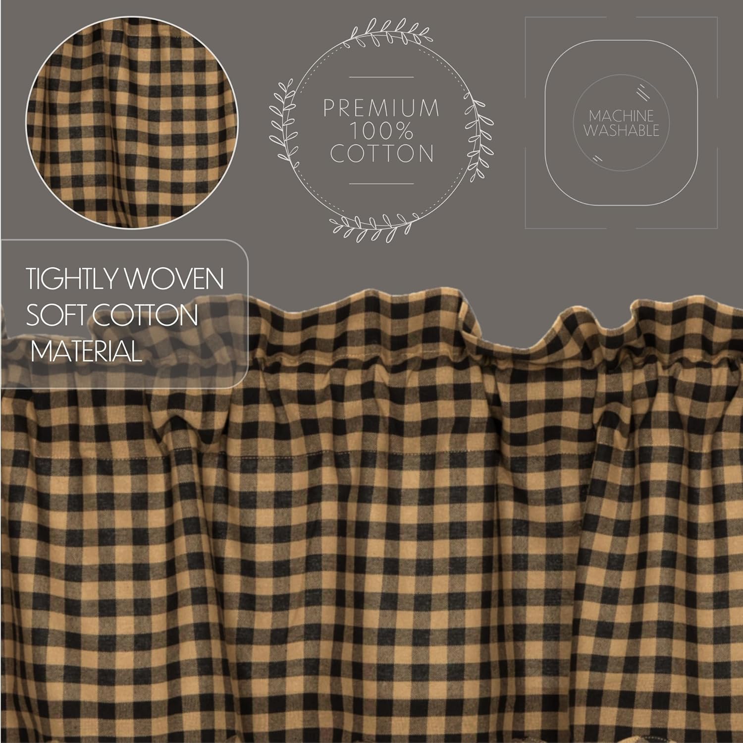 VHC Brands Juego de 2 paneles festoneados a cuadros negros de 84 x 40 pulgadas, diseño rústico rural, negro y bronceado