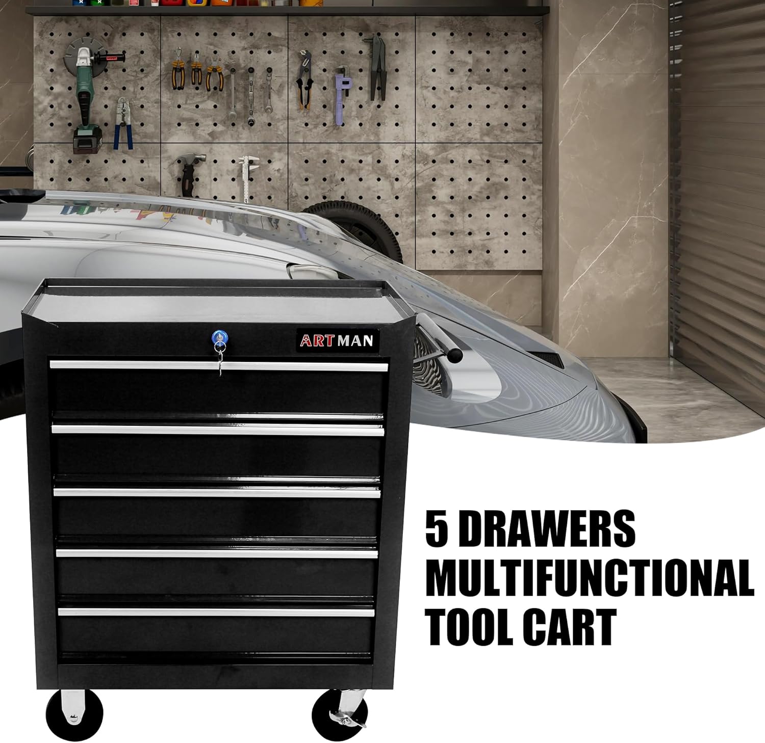 Carrito de herramientas con ruedas con 5 cajones, gabinete de herramientas multifuncional con cerradura, baúl de herramientas grande para mecánicos
