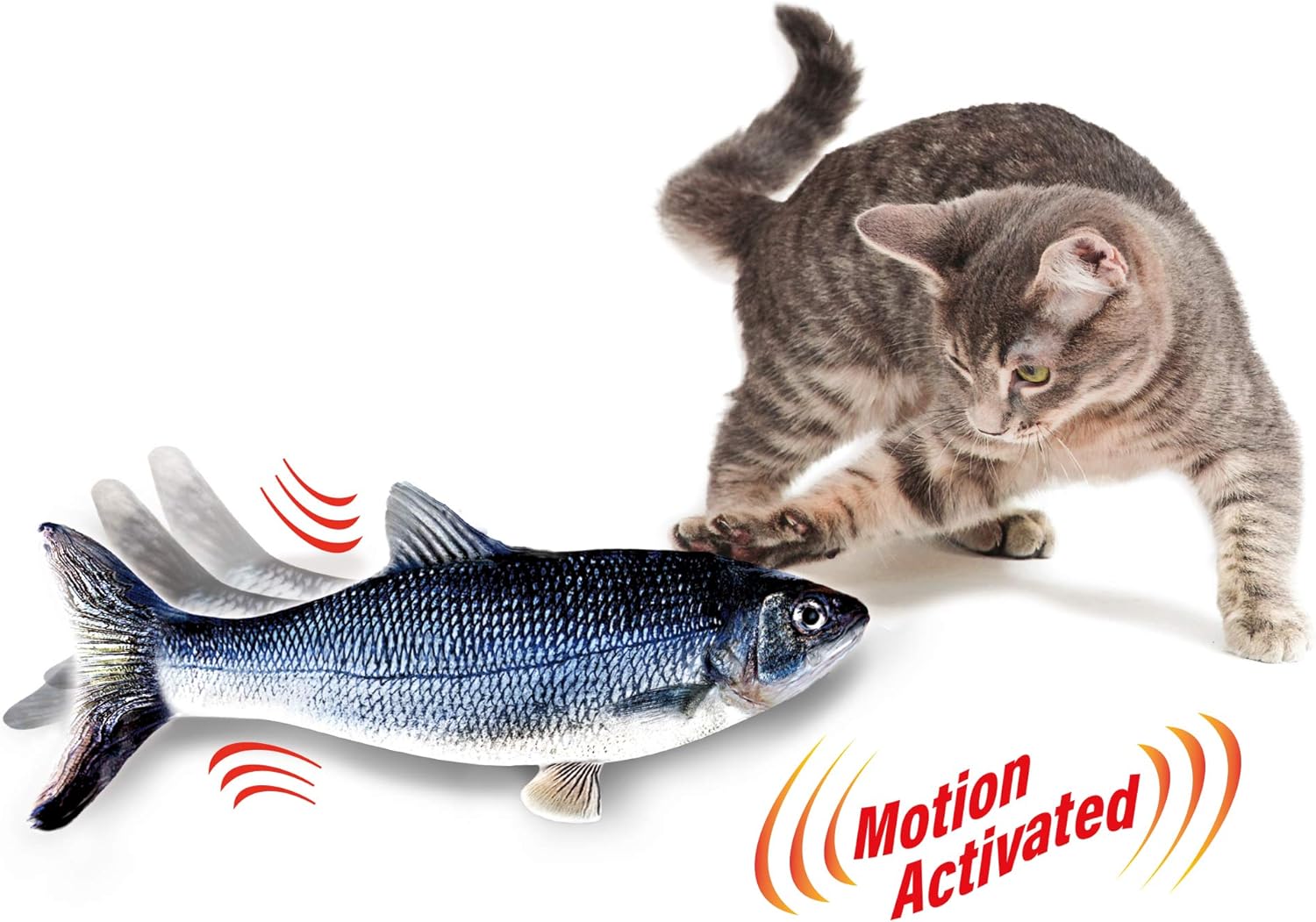 Ontel Flippity Fish – Juguete interactivo para gatos con hierba gatera y caña de pescar, activado por el tacto, juguete recargable para mascotas