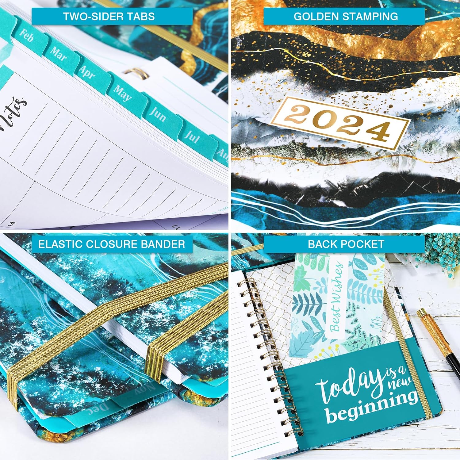 2024 Planner – 2024 Planner Weekly and Monthly, January – December 2024, 8.43″ x 6.3″, Calnedar Planner 2024 with Strong Golden Binding, Elastic