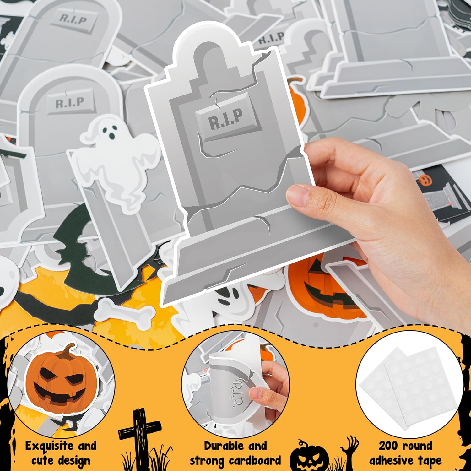 CPicdn Juego de 132 piezas de decoración de tablón de anuncios de negatividad de Halloween, fantasma, calabaza, araña, murciélago, lápidas, borde,