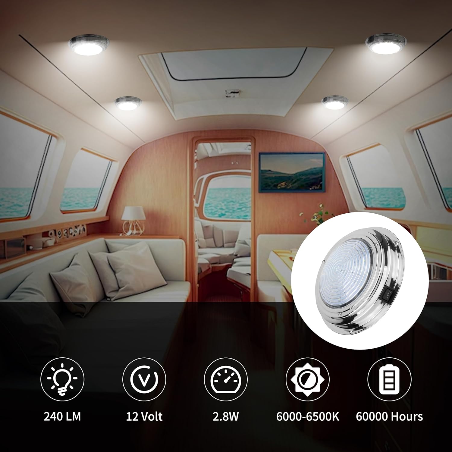 Luz de cúpula de barco marino de 12 V, luces LED para barco interior con interruptor de palanca, luz LED de cabina de barco con montaje en