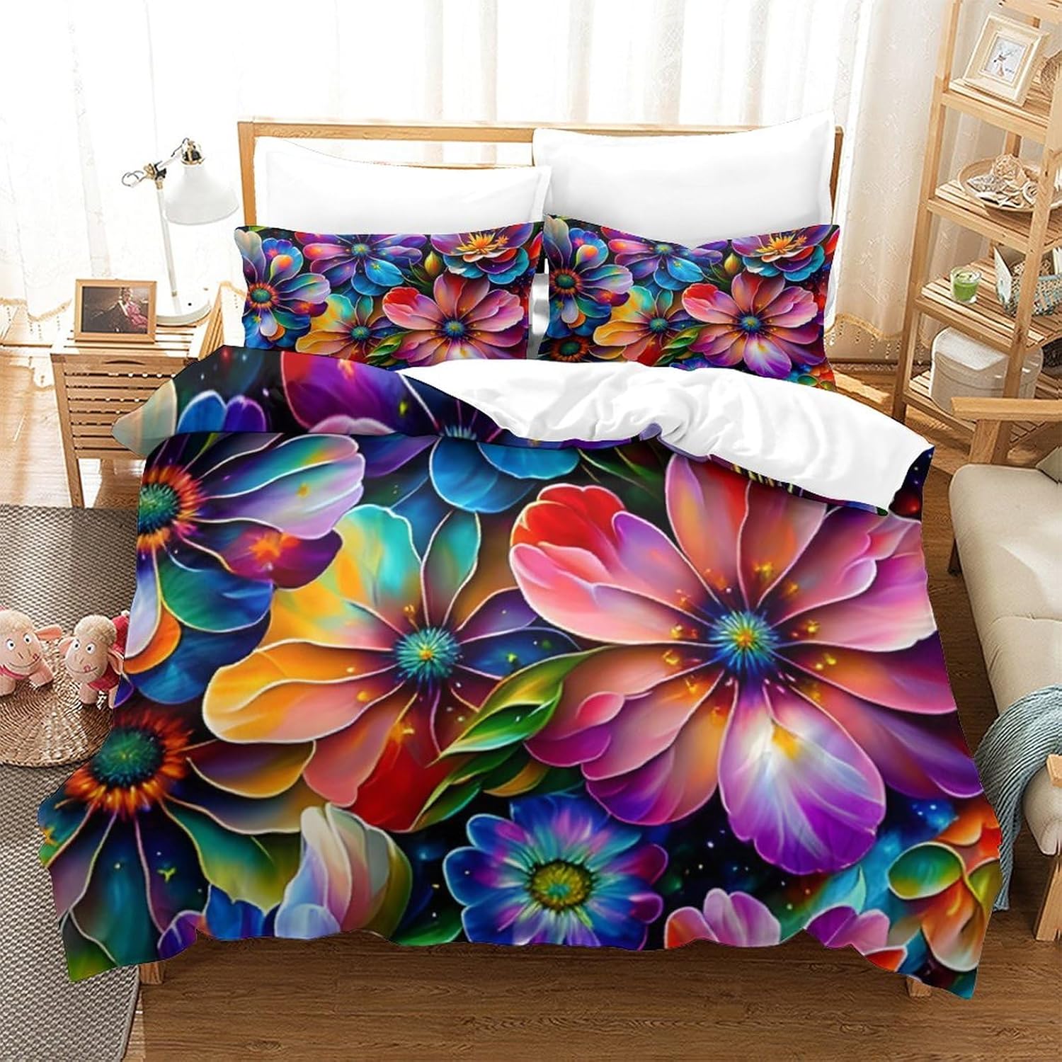 Juego de funda de edredón con diseño de flores artísticas, tamaño Queen, 3 piezas, patrón floral, 1 funda de edredón con cremallera y 2 fundas de