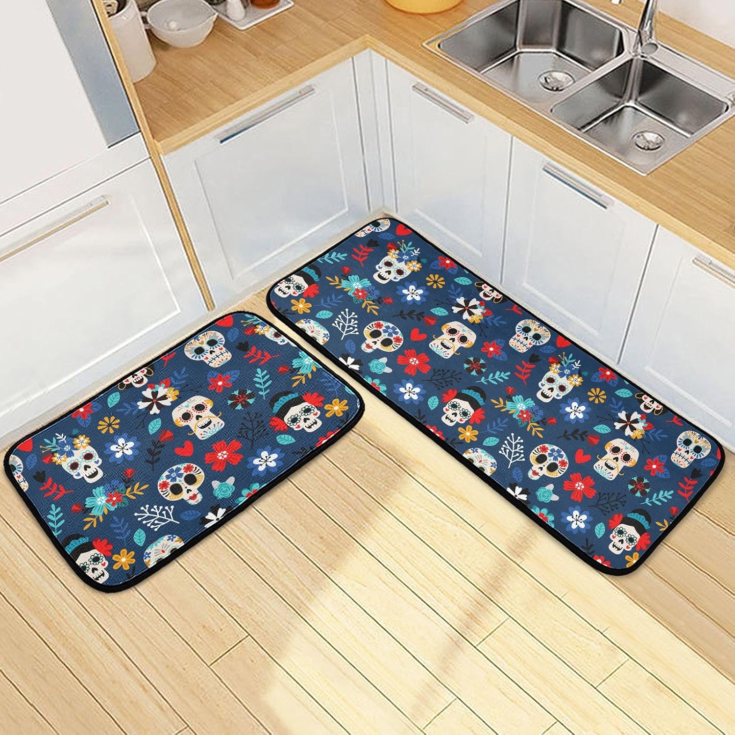 Exnundod Tapetes de cocina con diseño de calaveras mexicanas, diseño de calaveras de flores, alfombra de corredor lavable antideslizante con parte