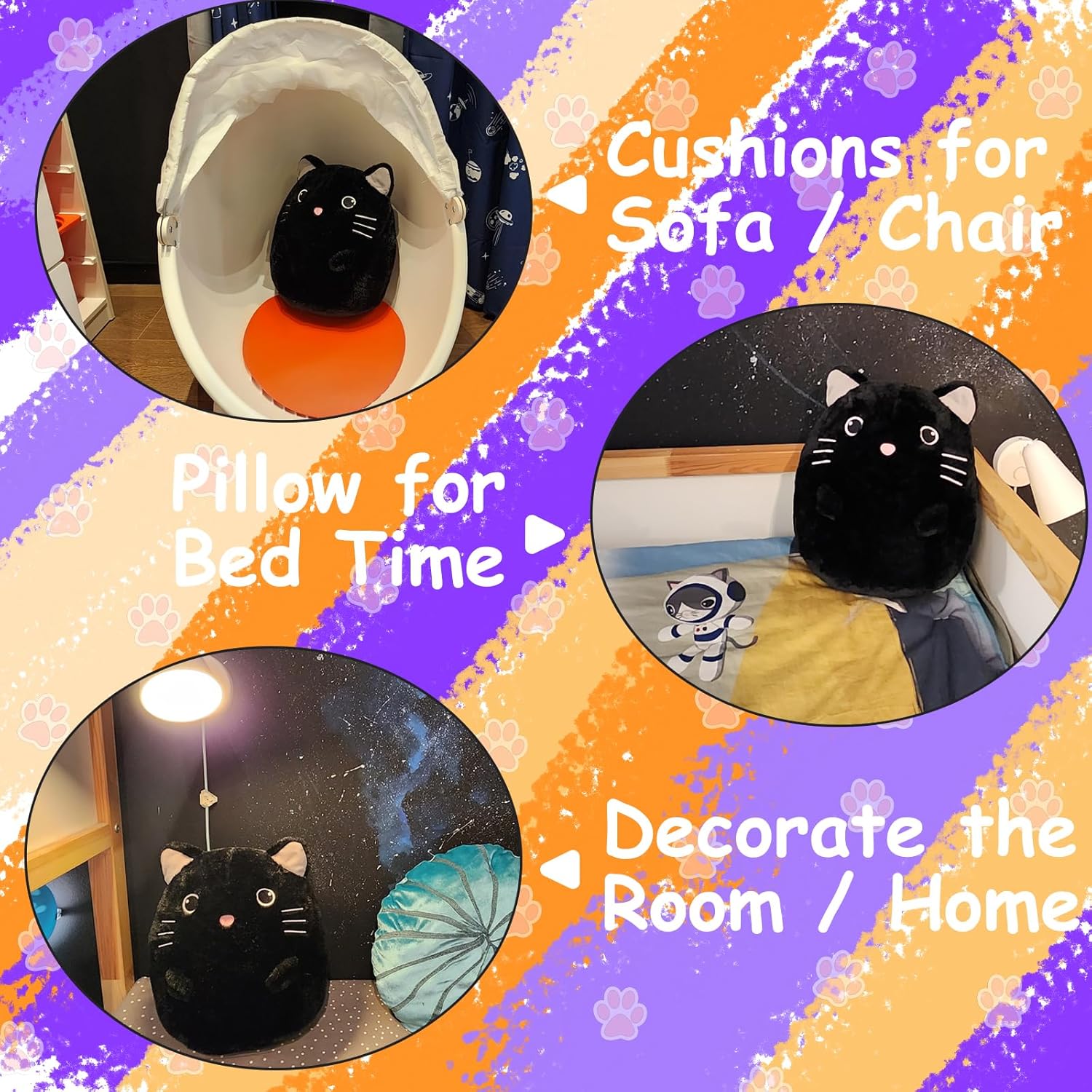 WEIGEDU Gatito negro de peluche con ojos bordados para niño y niña, decoración de Halloween, cojín de almohada, sofá, regalos de inauguración de la