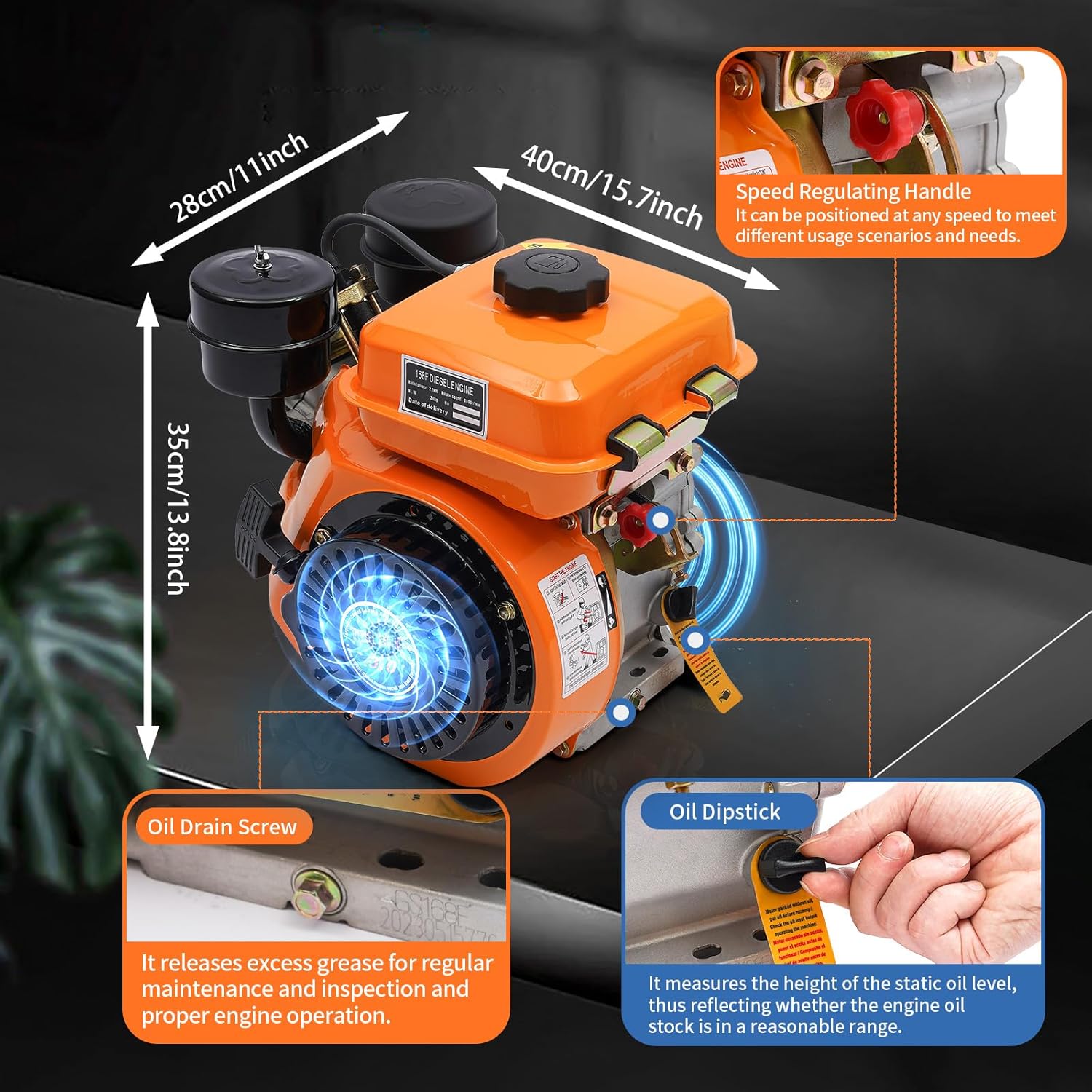Motor diesel, Motor Go Kart, Motor diesel de un solo cilindro refrigerado por aire de 196cc de 4 tiempos, Motor horizontal oblicuo 168f para