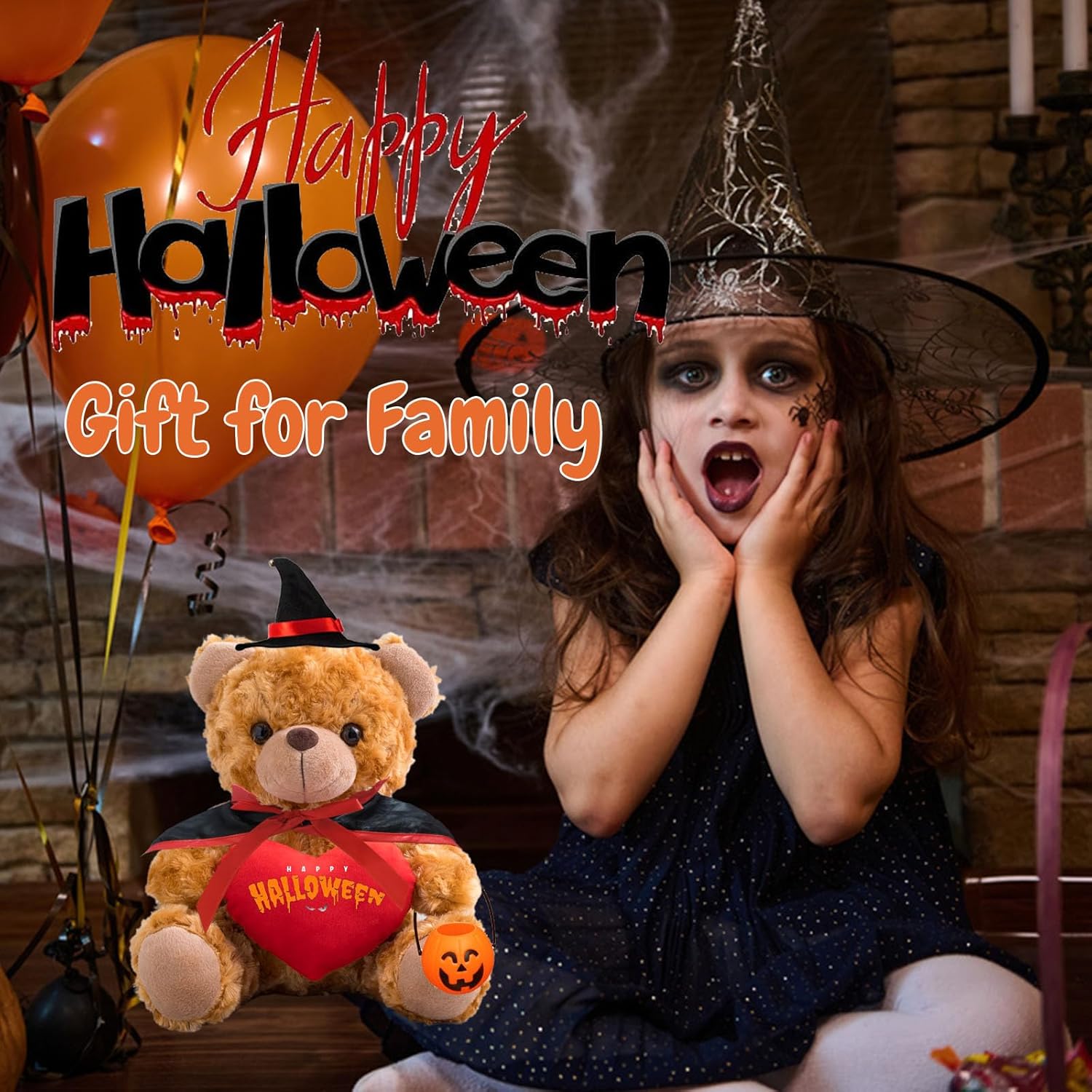 Oso de peluche de Halloween con corazón personalizado con texto personalizado, juguetes de Halloween con decoración de calabaza, sombrero y capa de