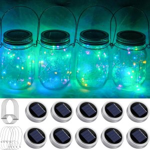 Paquete de 10 luces solares para tarros de masón, 20 luces LED con forma de hada y estrella, con 10 colgadores, resistente al agua y al óxido, para Paquete de 10 luces solares para tarros de masón, 20 luces LED con forma de hada y estrella, con 10 colgadores, resistente al agua y al óxido, para