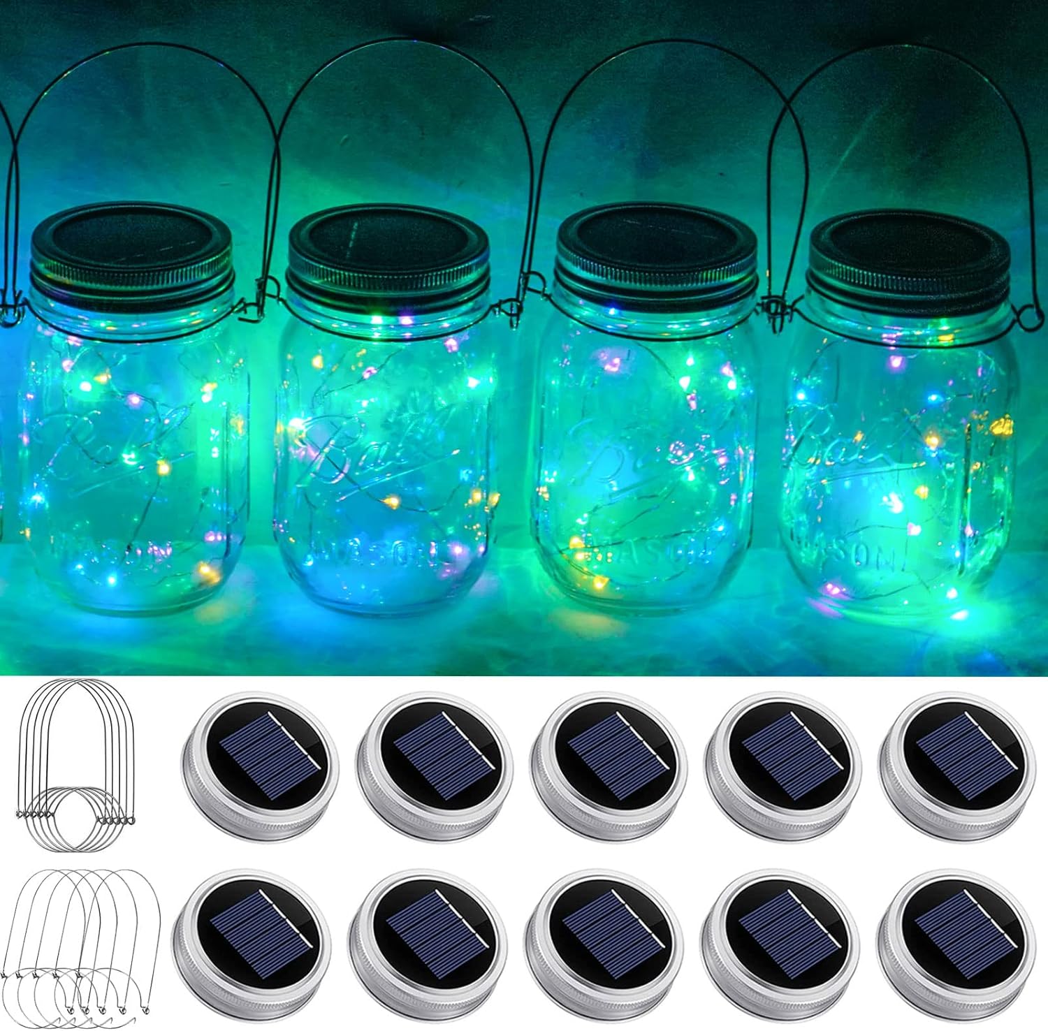 Paquete de 10 luces solares para tarros de masón, 20 luces LED con forma de hada y estrella, con 10 colgadores, resistente al agua y al óxido, para
