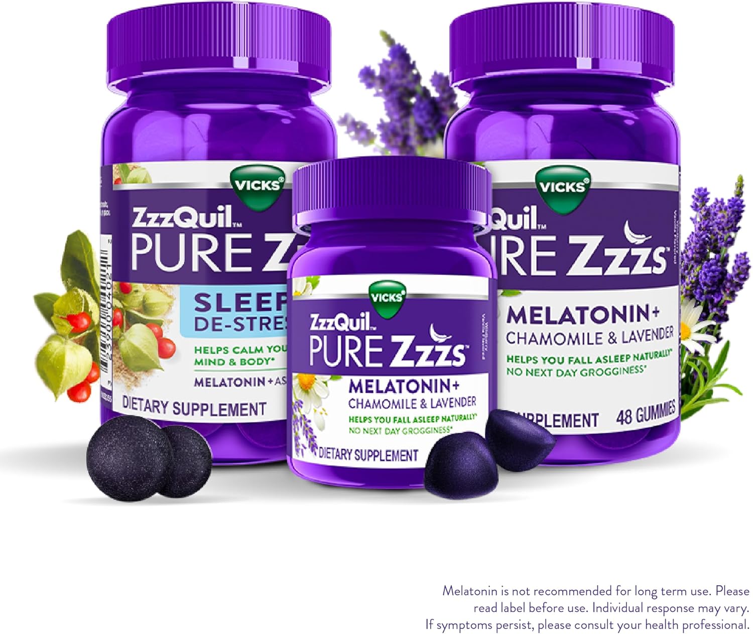 ZzzQuil Pure Zzzs, gomitas de melatonina para dormir con lavanda, raíz de valeriana y manzanilla, sabor natural de vainilla de bayas silvestres, sin