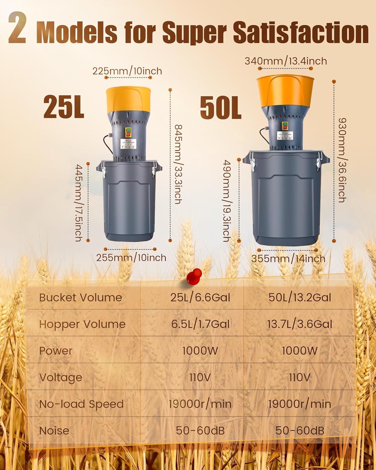 FoundGo Molinillo de molino de grano de alimentación agrícola eléctrica de 13.2gal para especias de maíz de trigo con 5 filtros 110V 1000W 50L