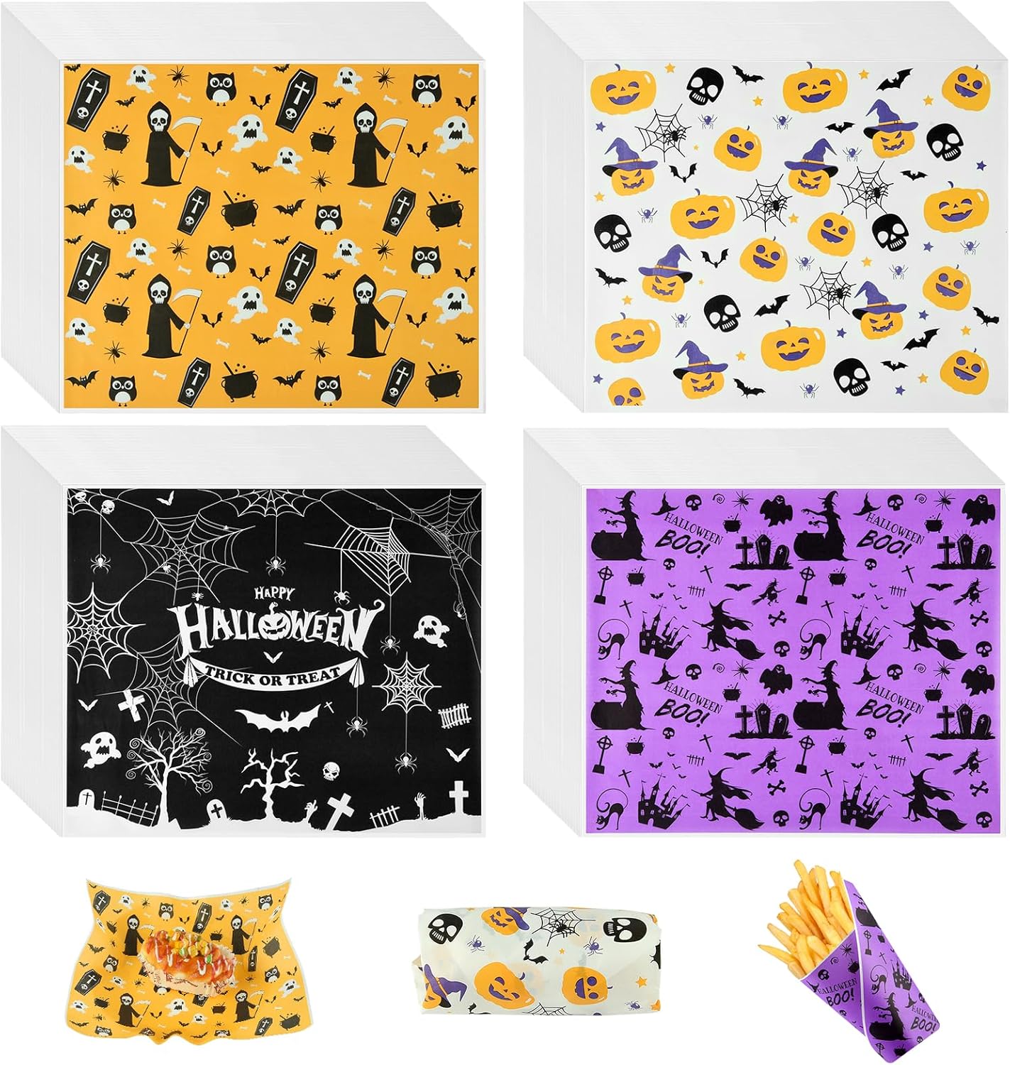 PLULON 200 hojas de papel encerado de Halloween para alimentos, papel de envoltura de sándwich, envolturas de picnic, forro de calabaza, fantasma,