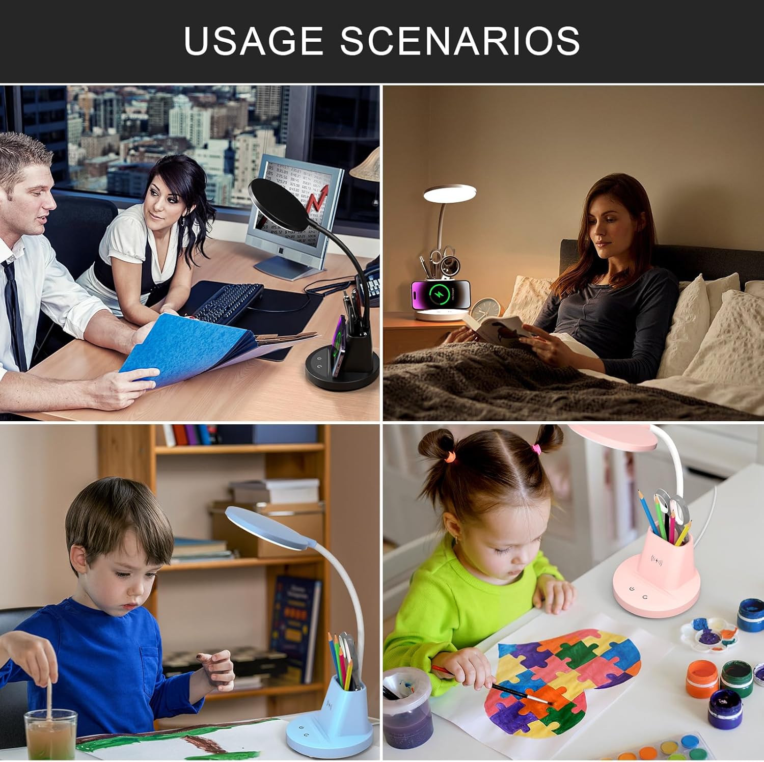 Lámpara LED de escritorio con cargador inalámbrico para oficina en casa, pequeña con soporte para bolígrafo, 800 lúmenes, 3 modos de color, cuello